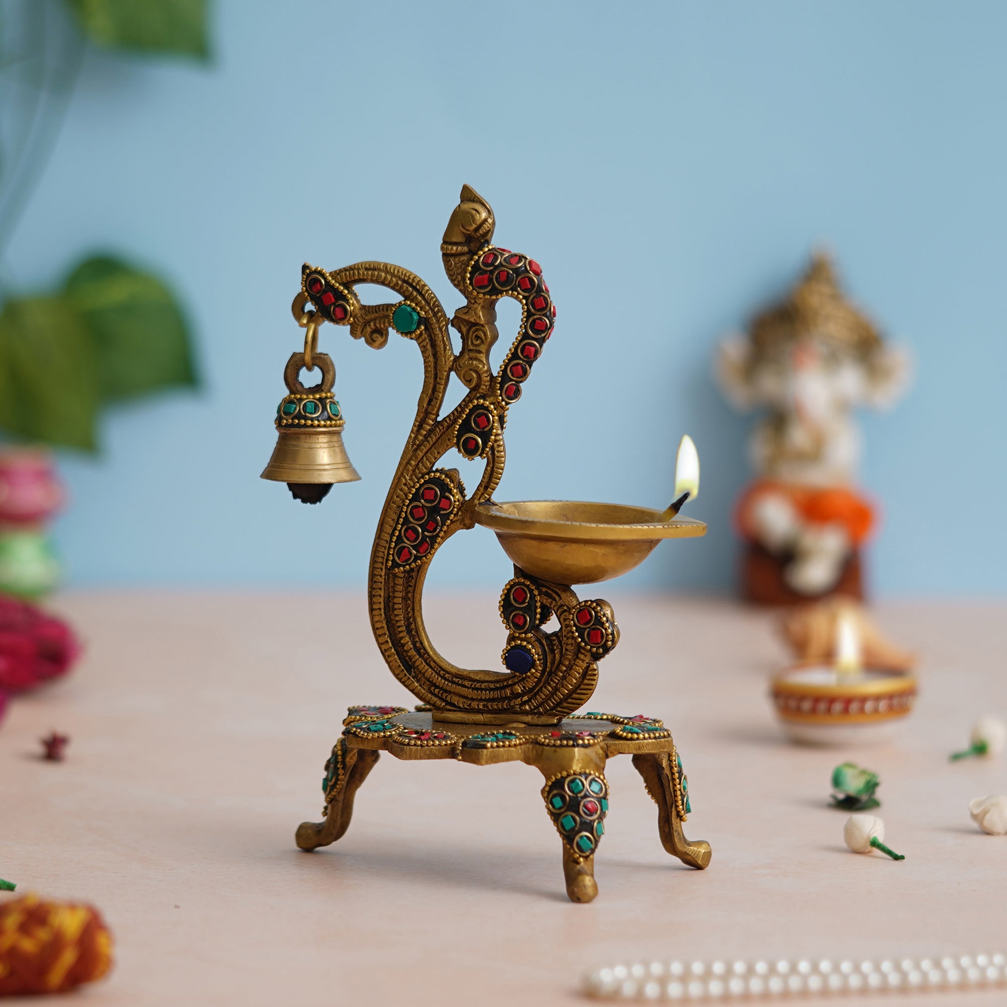 eCraftIndia Traditional Golden Peacock designer Brass Diya with Bell & Stand 5
