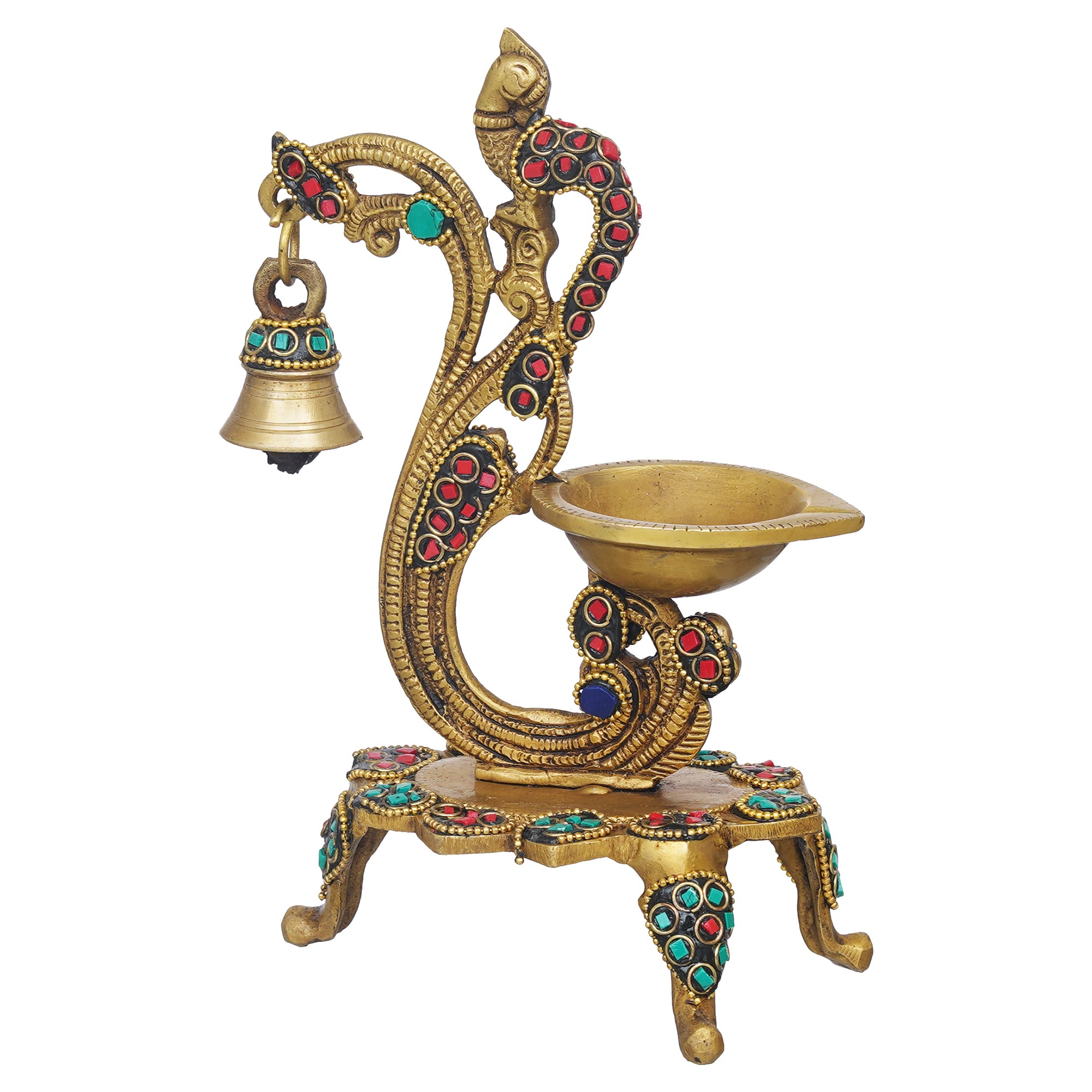eCraftIndia Traditional Golden Peacock designer Brass Diya with Bell & Stand 6