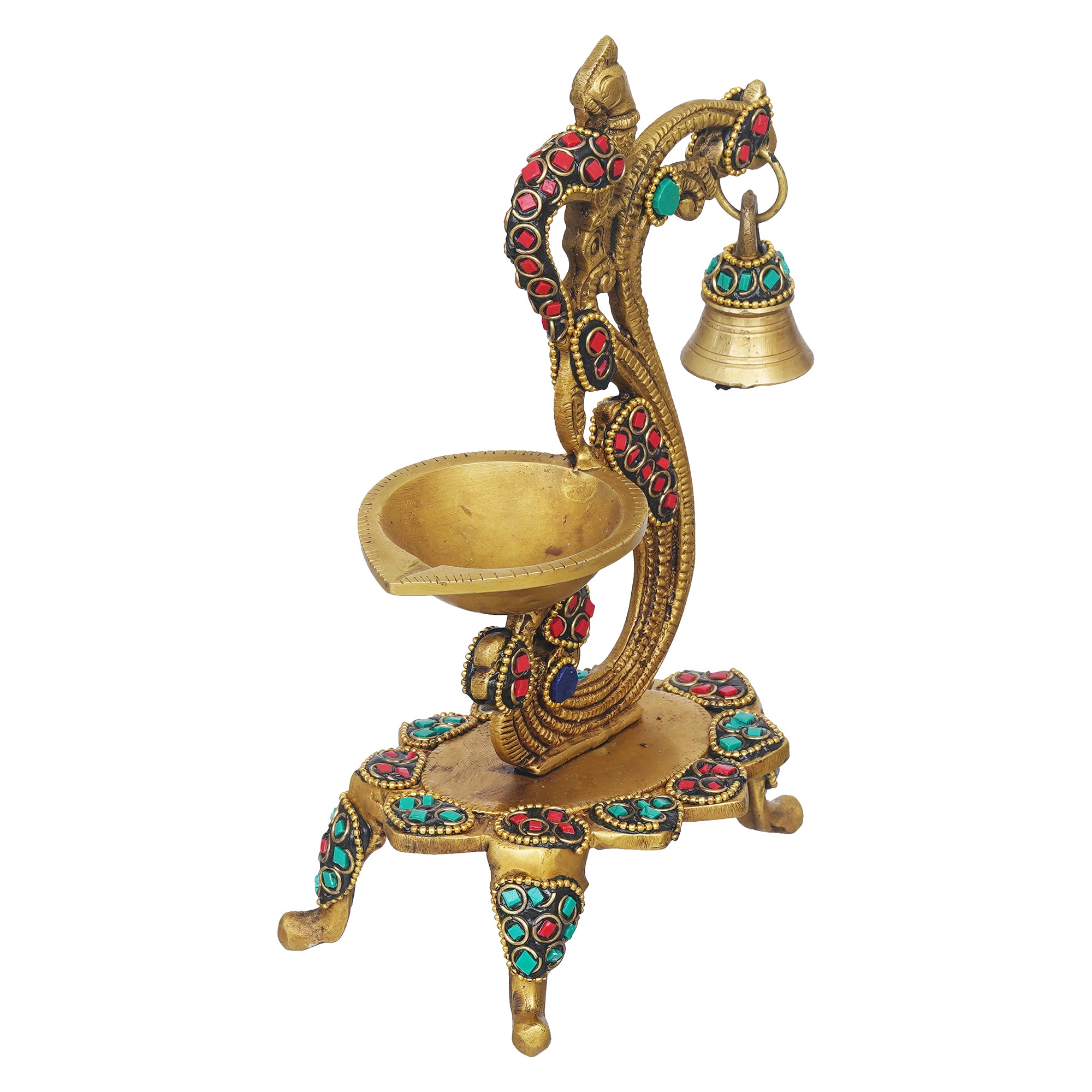eCraftIndia Traditional Golden Peacock designer Brass Diya with Bell & Stand 7