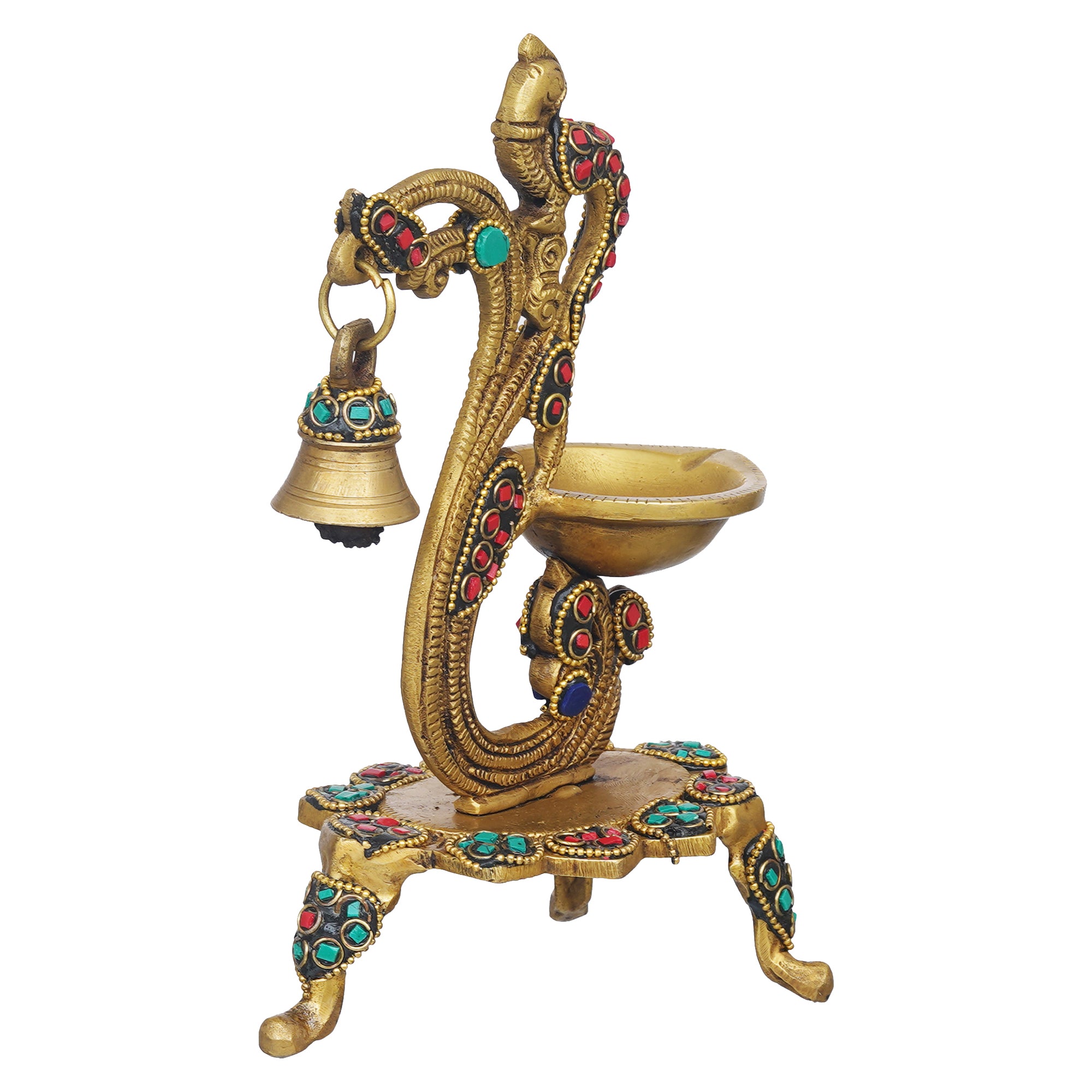 eCraftIndia Traditional Golden Peacock designer Brass Diya with Bell & Stand 8