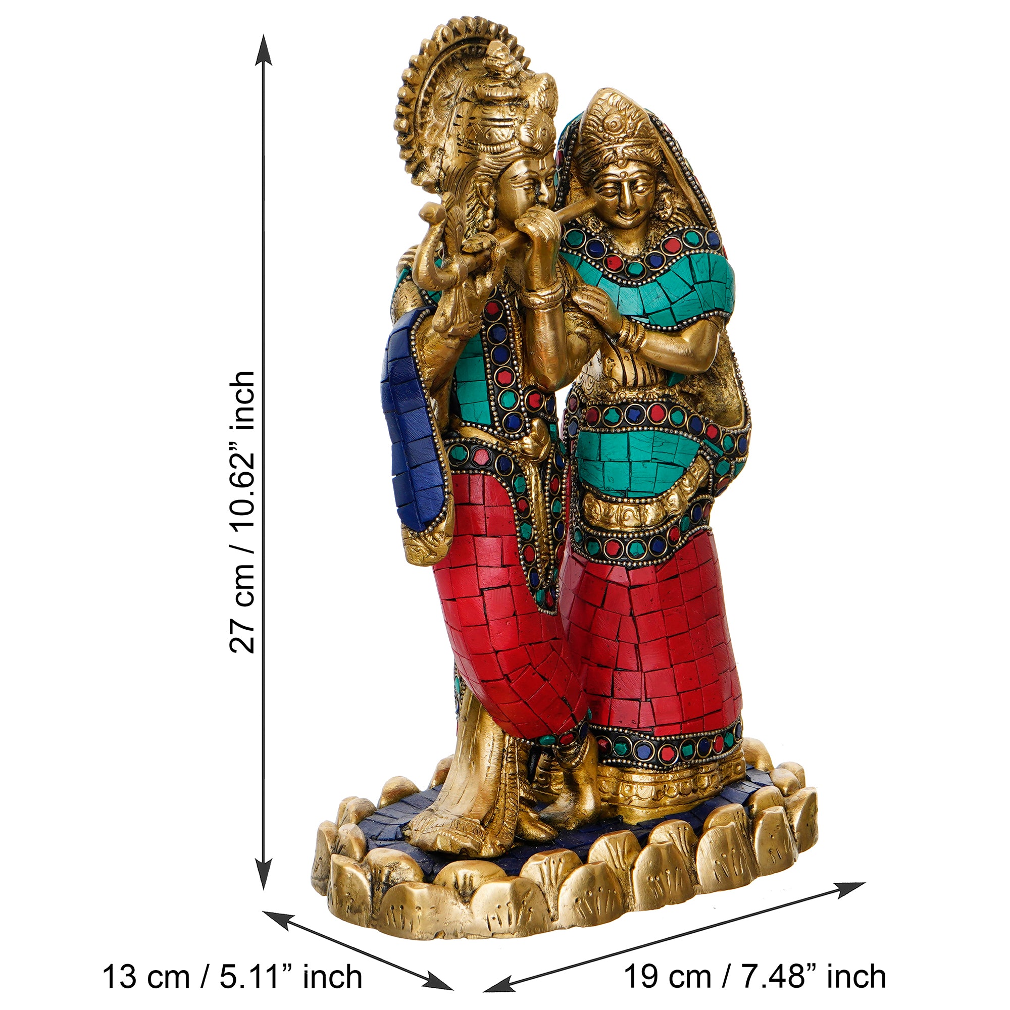 Colorful Stone Work Brass Radha Krishna Playing Flute Statue (Gold, Green, Red) 3