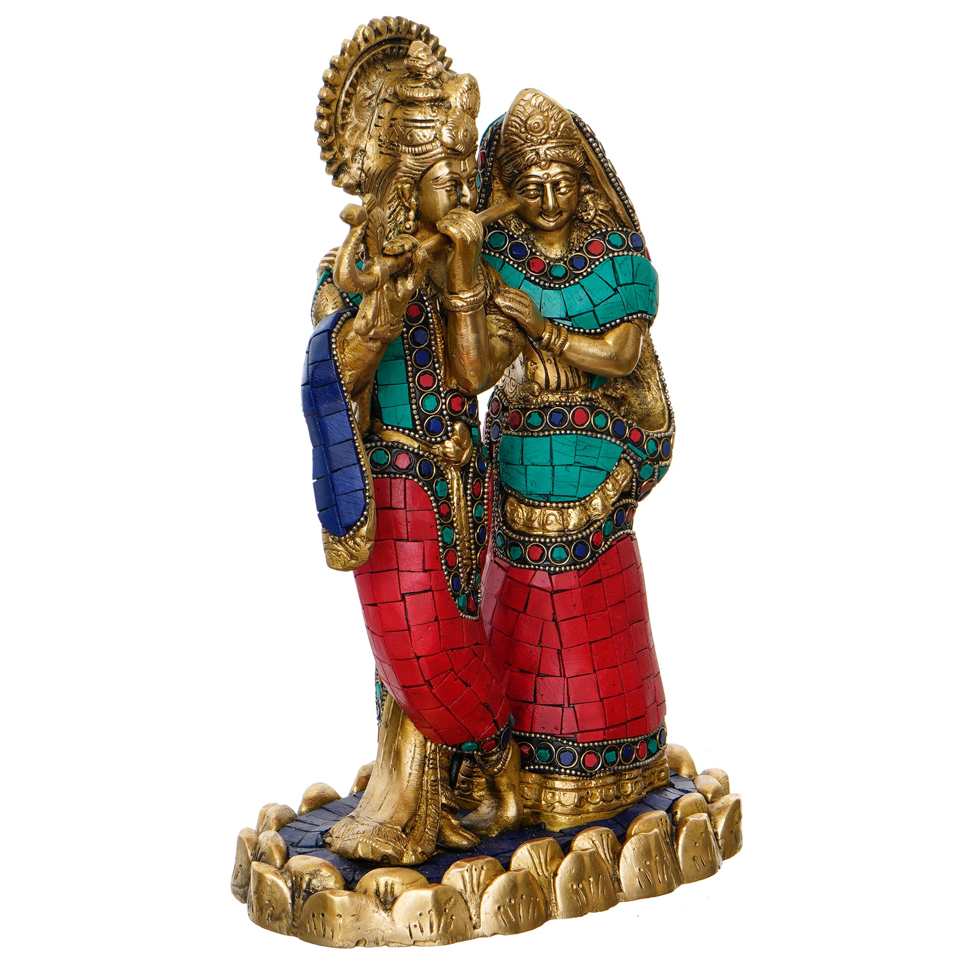 Colorful Stone Work Brass Radha Krishna Playing Flute Statue (Gold, Green, Red) 5