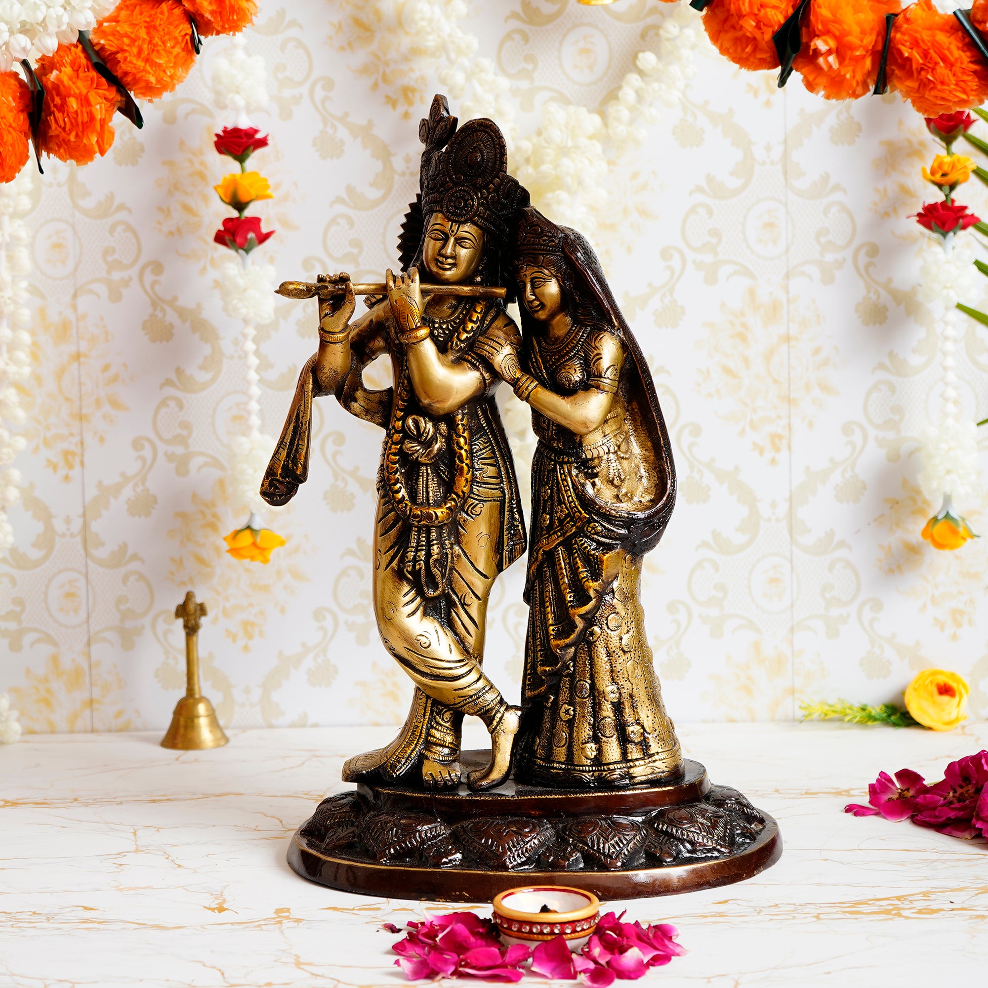 Golden Brass Handcrafted Antique Finish Radha Krishna Playing Flute Idol