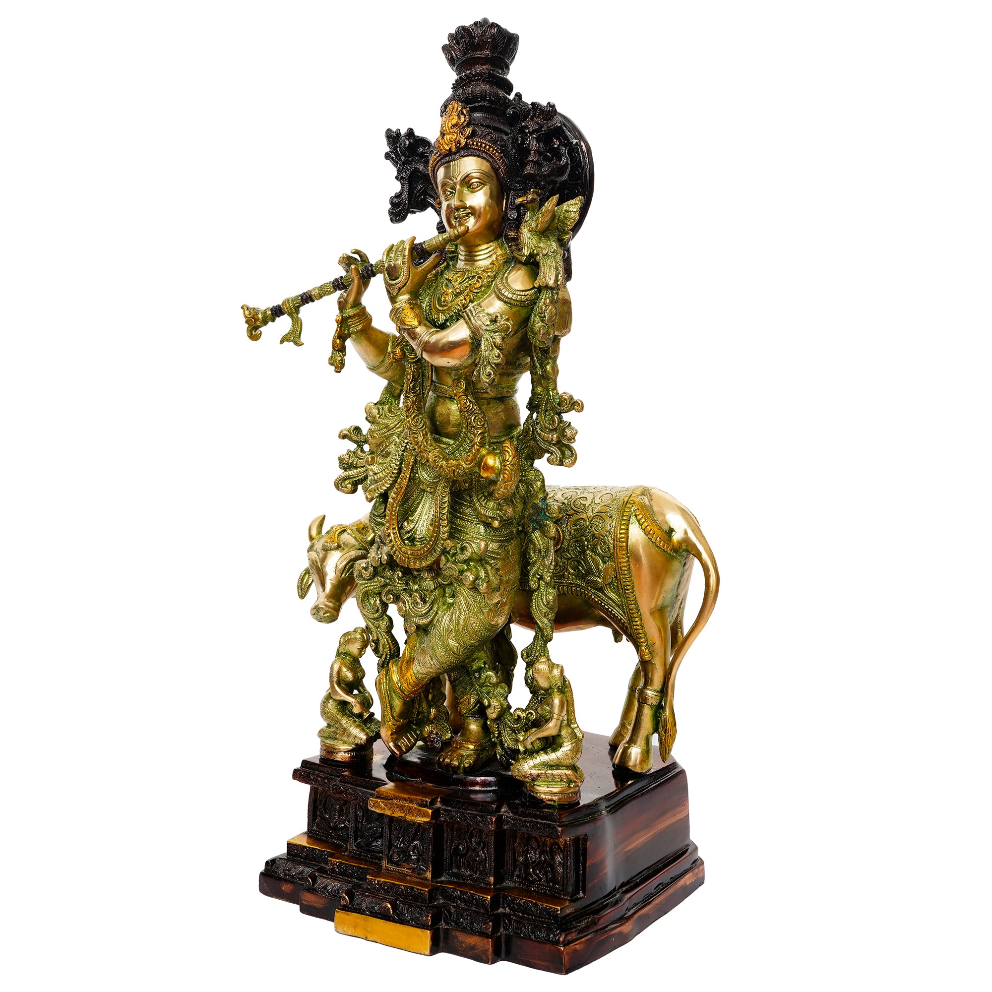 Brass Golden Handcrafted Divine Lord Krishna Sitting on Cow & Playing Flute Idol 4