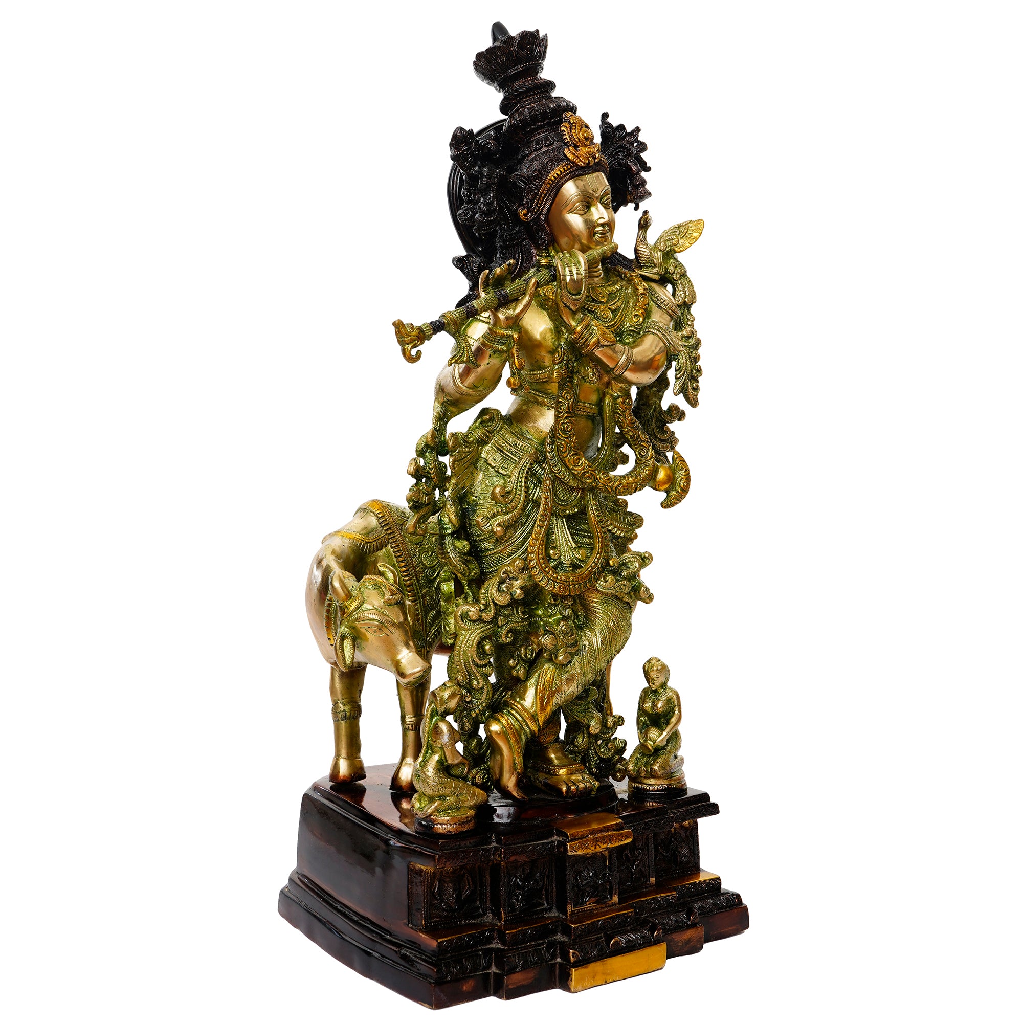 Brass Golden Handcrafted Divine Lord Krishna Sitting on Cow & Playing Flute Idol 5