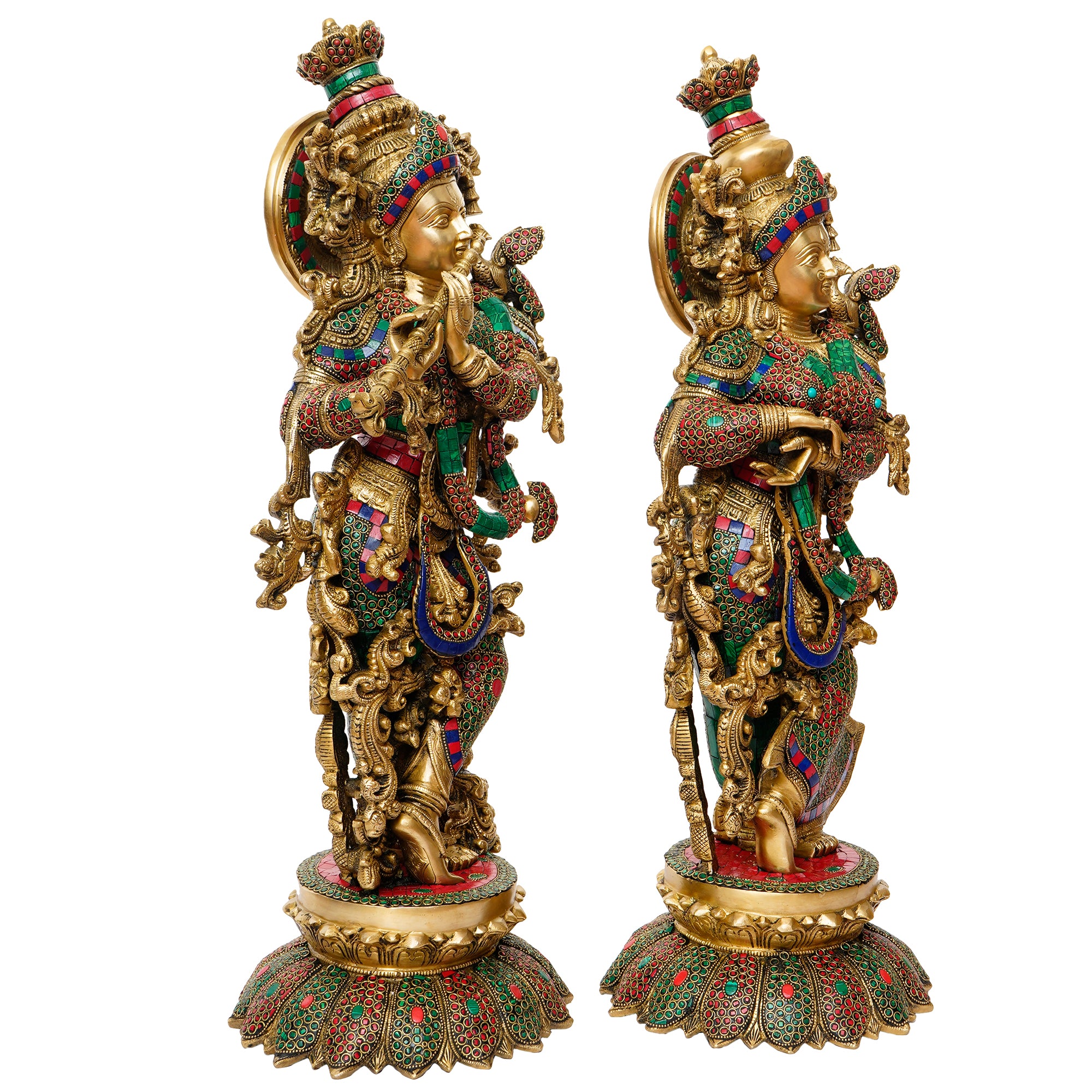 Golden Radha Krishna Playing Flute Handcrafted Brass Idol with Colorful Stone Work 4