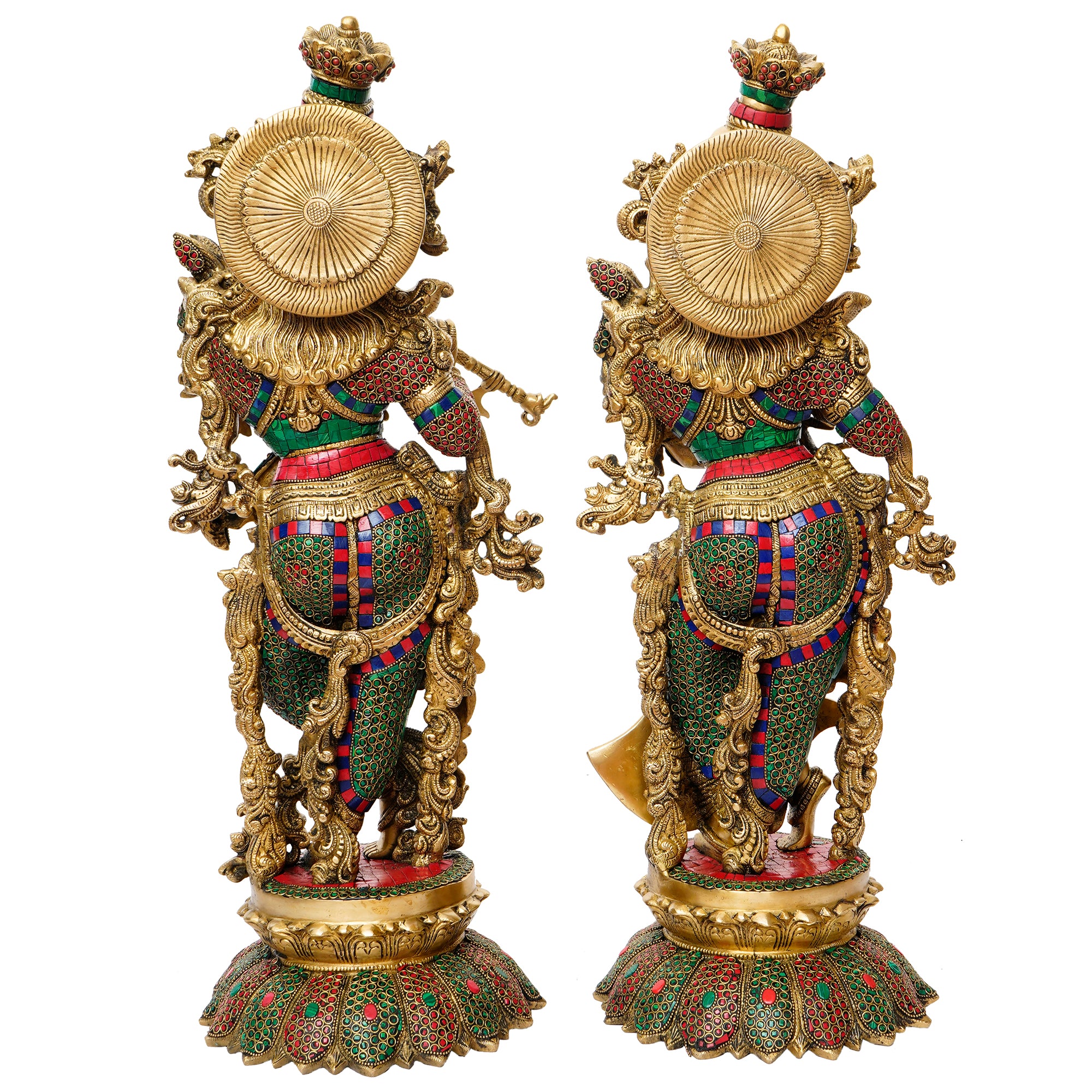 Golden Radha Krishna Playing Flute Handcrafted Brass Idol with Colorful Stone Work 6