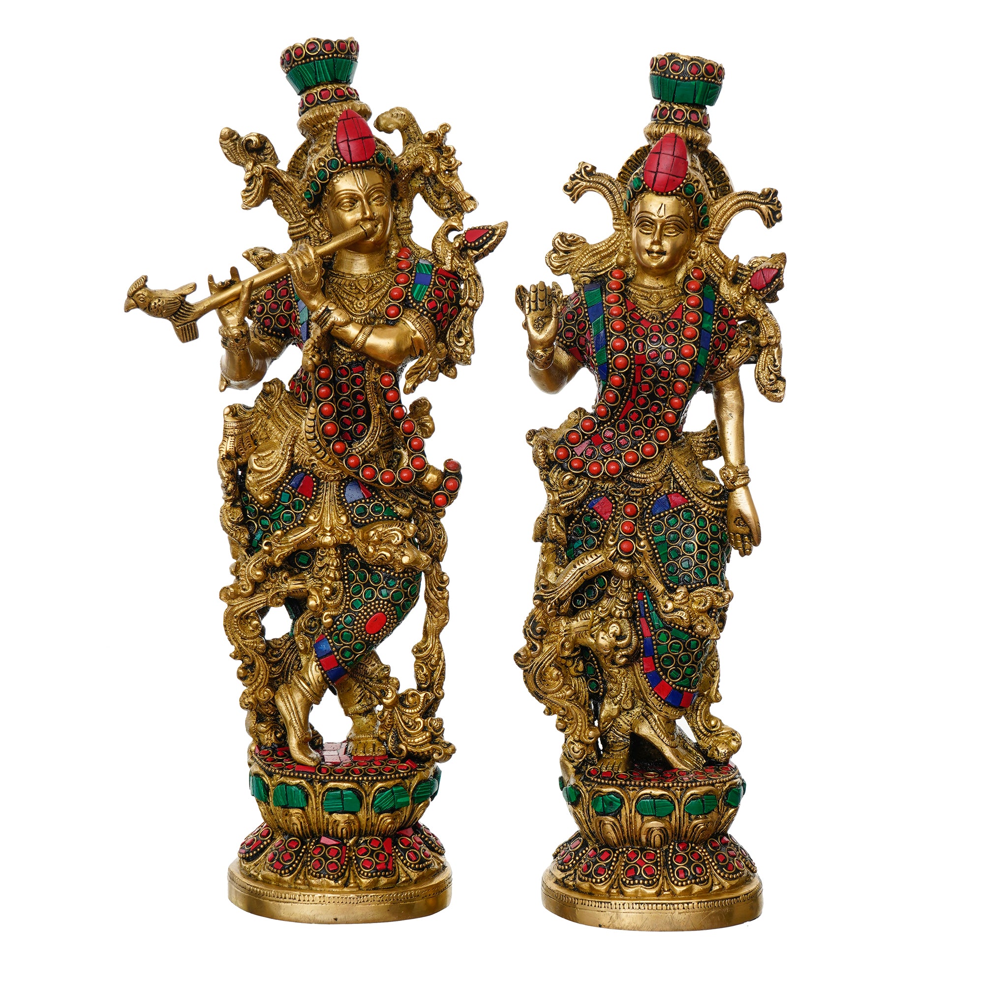 Golden Radha Krishna Playing Flute Handcrafted Brass Idol with Colorful Stone Work 2