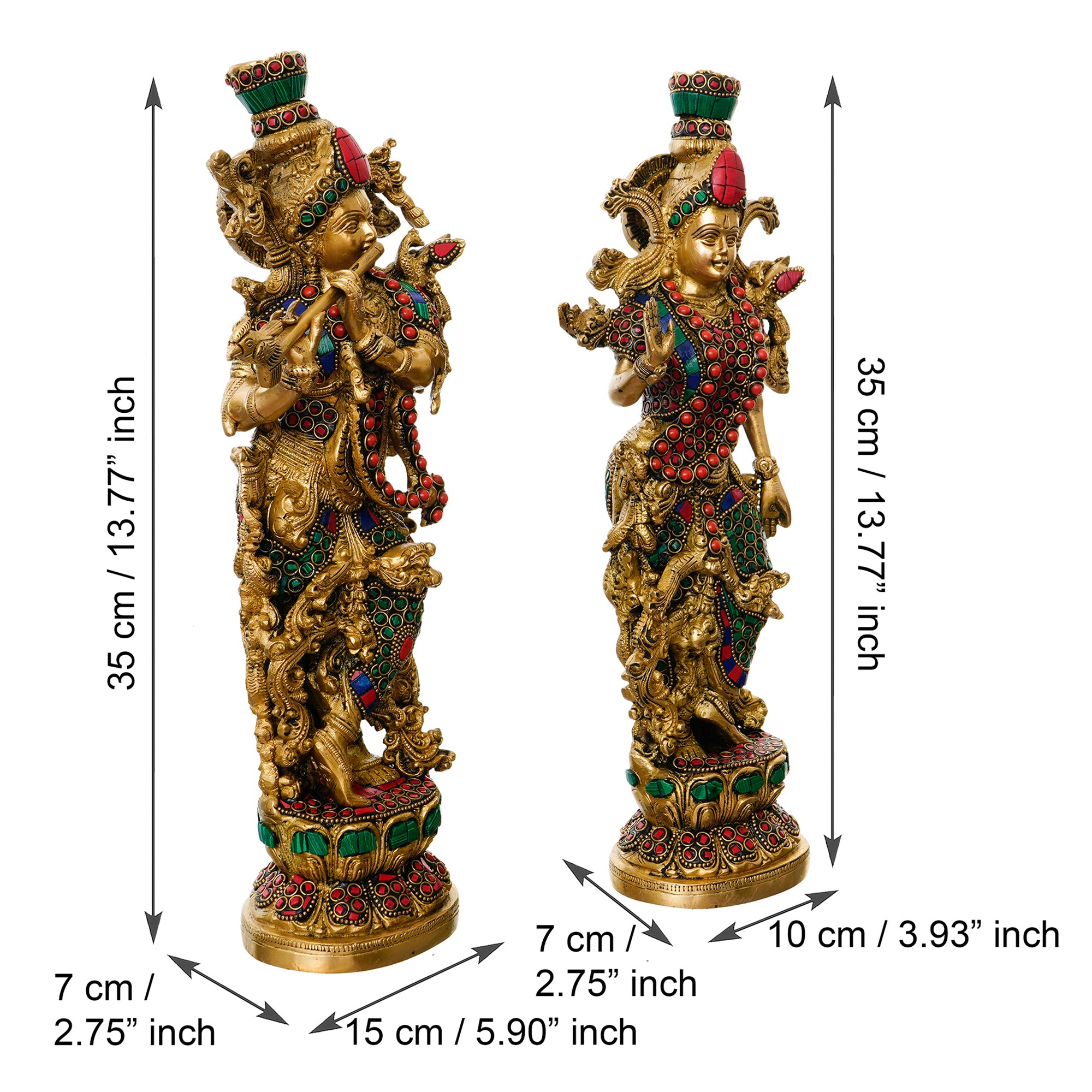 Golden Radha Krishna Playing Flute Handcrafted Brass Idol with Colorful Stone Work 3
