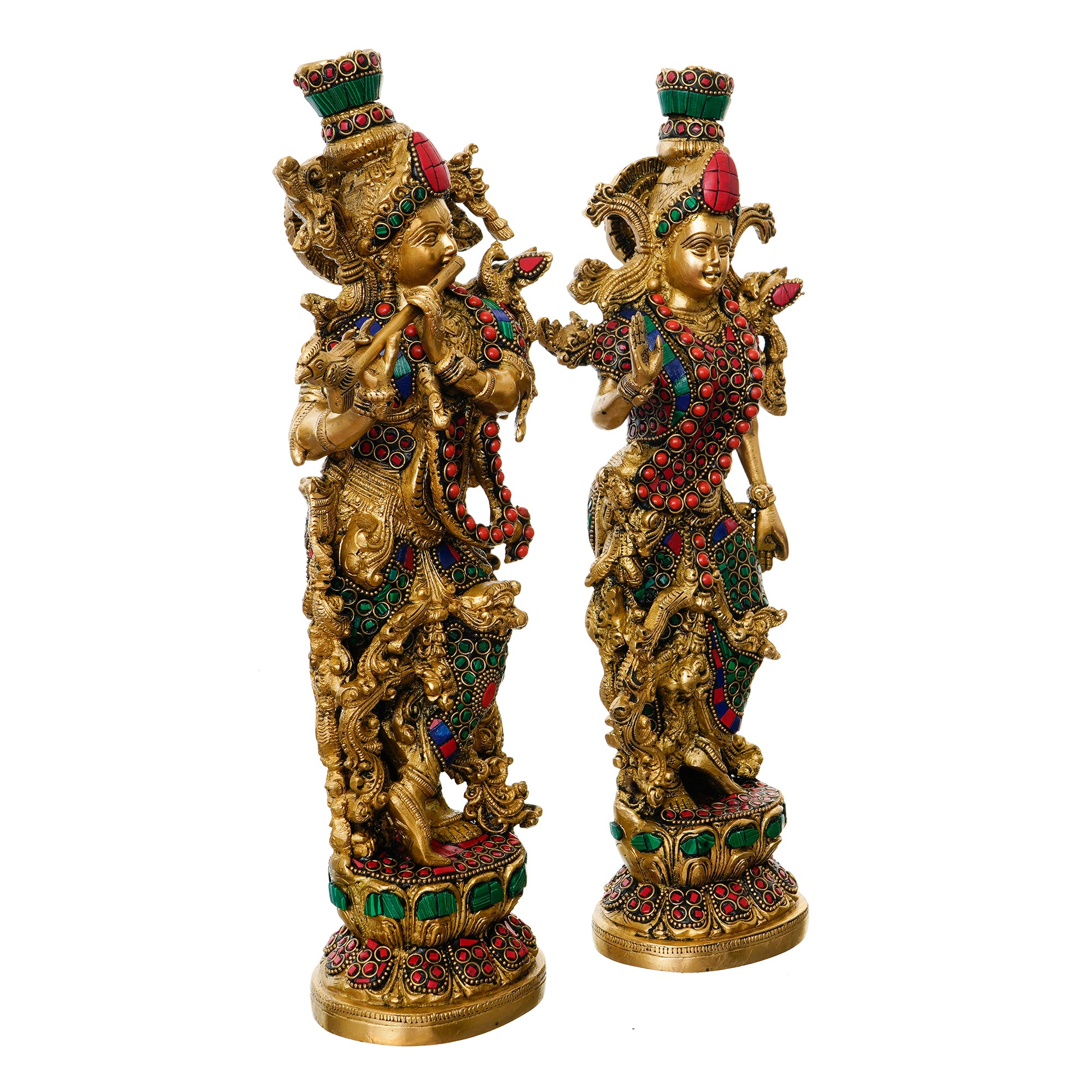 Golden Radha Krishna Playing Flute Handcrafted Brass Idol with Colorful Stone Work 5