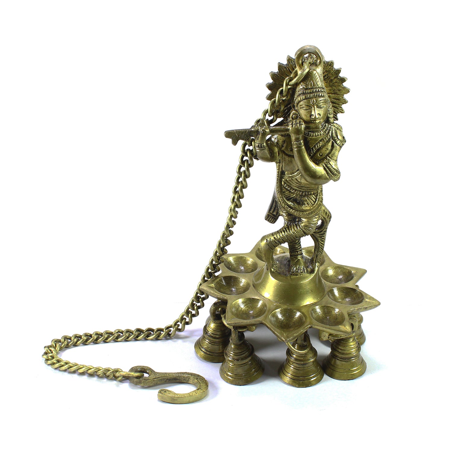 Brass Lord Krishna Playing Flute Wall Hanging with 9 Oil Wick Diya
