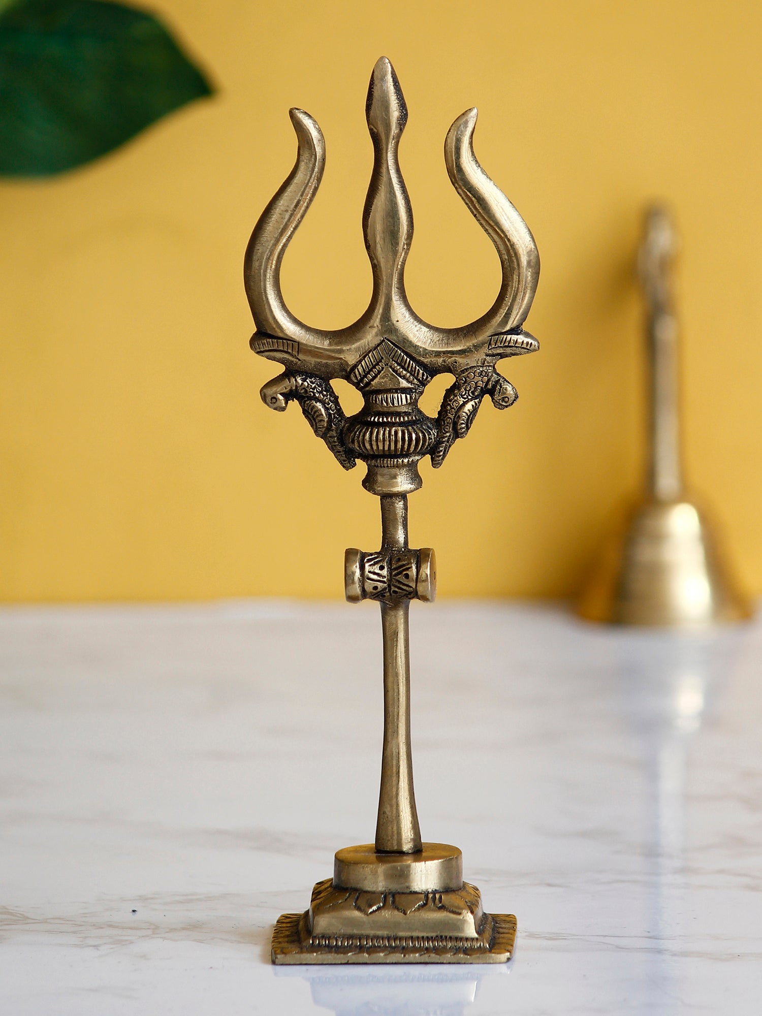 Gold Brass Trishul with Damru Handcrafted Figurine
