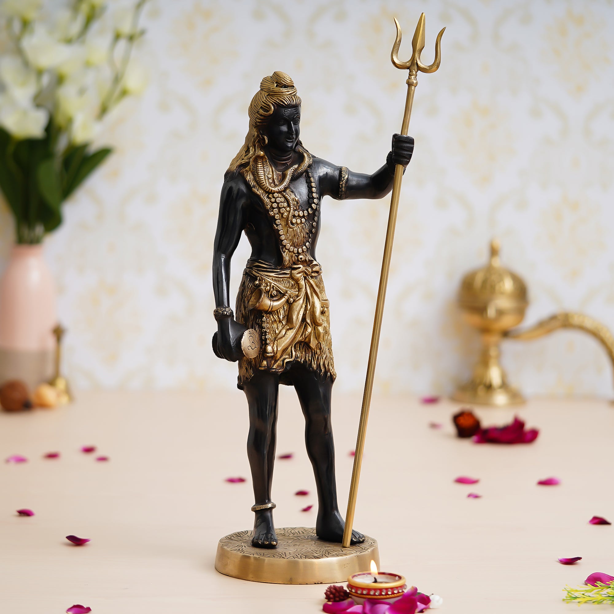 Gold & Black Brass Handcrafted Standing Lord Shiva with Trishul and Damru Statue