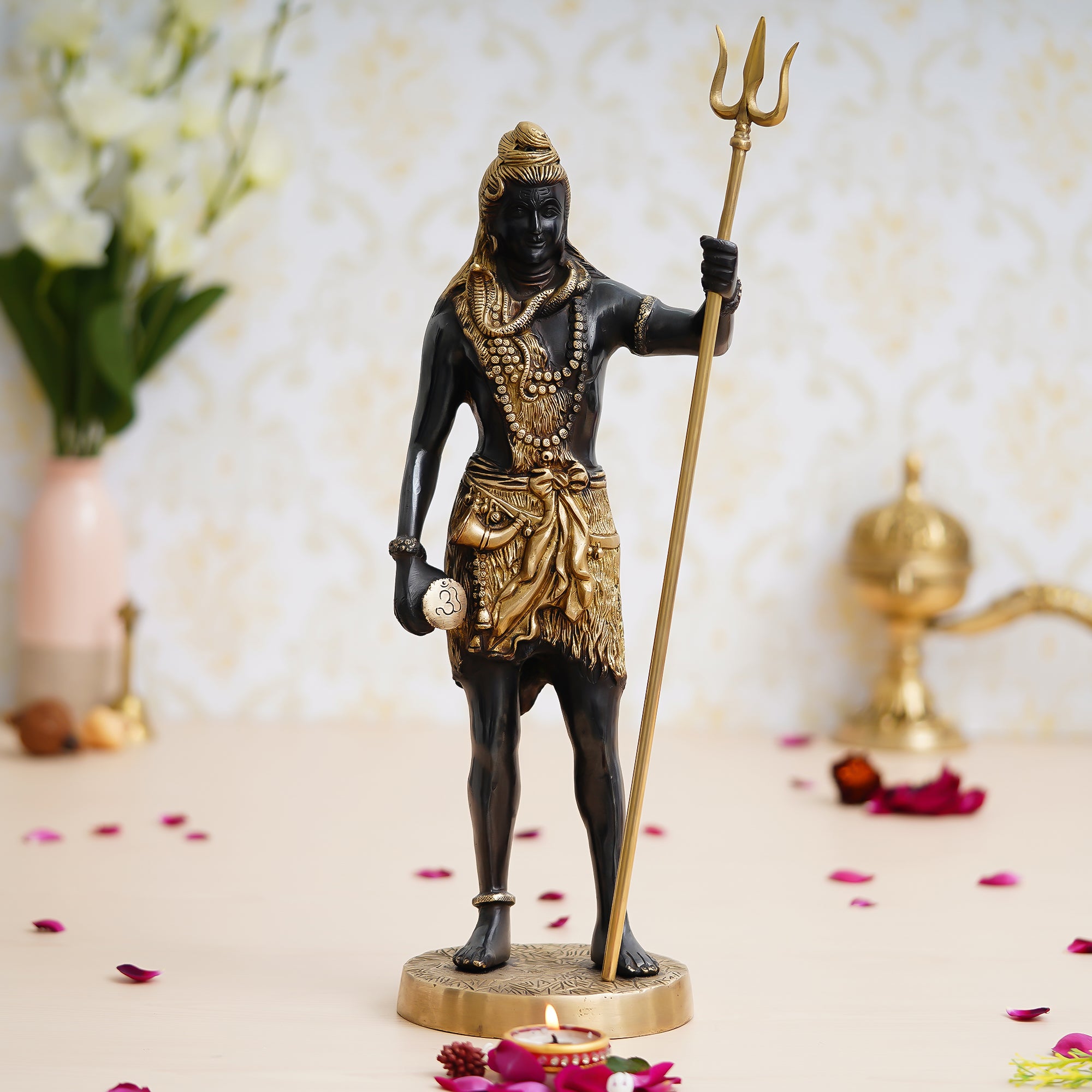 Gold & Black Brass Handcrafted Standing Lord Shiva with Trishul and Damru Statue 1