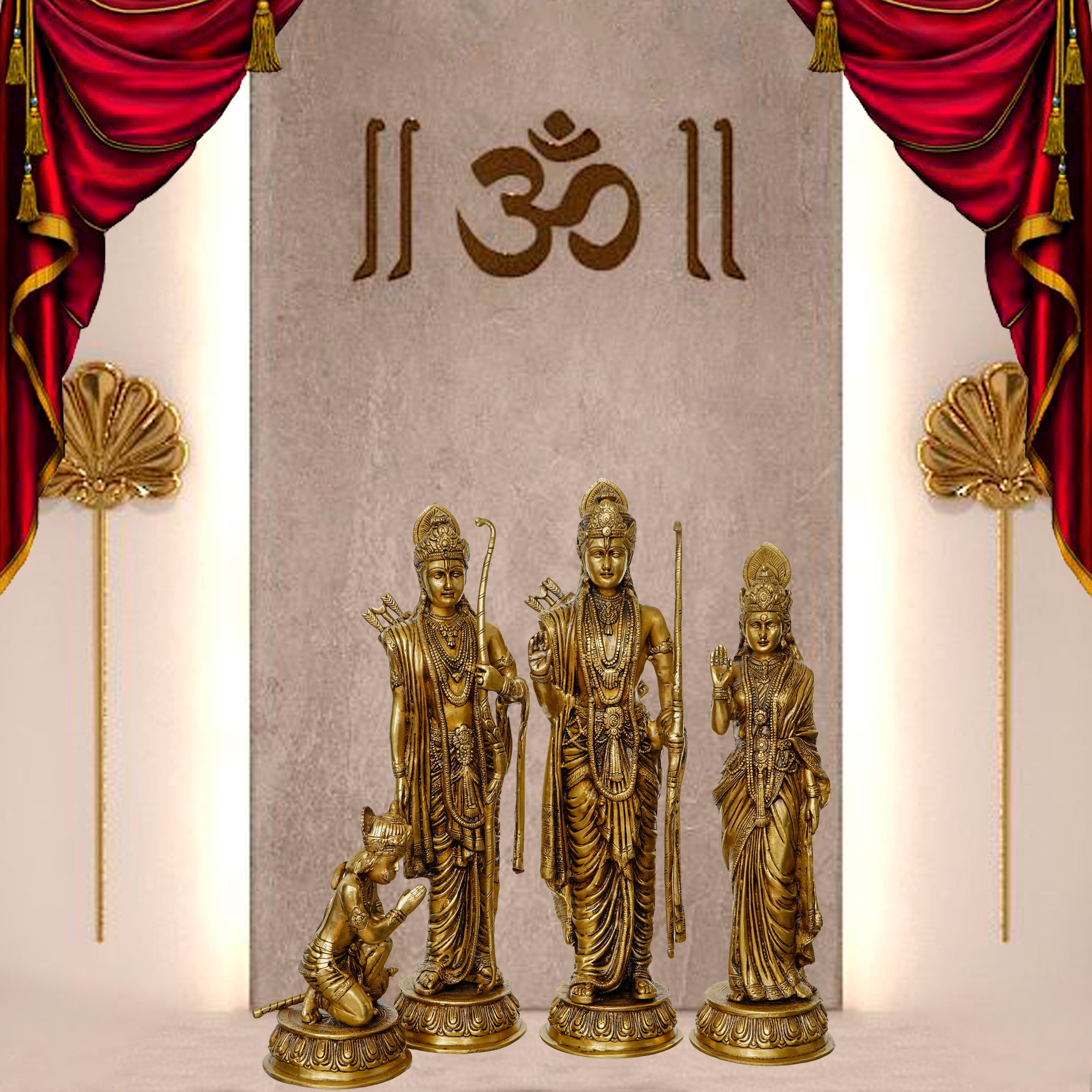 Golden Brass Handcrafted Ram Darbar - Lord Ram, Sita and Laxman Along With Lord Hanuman Idols 1