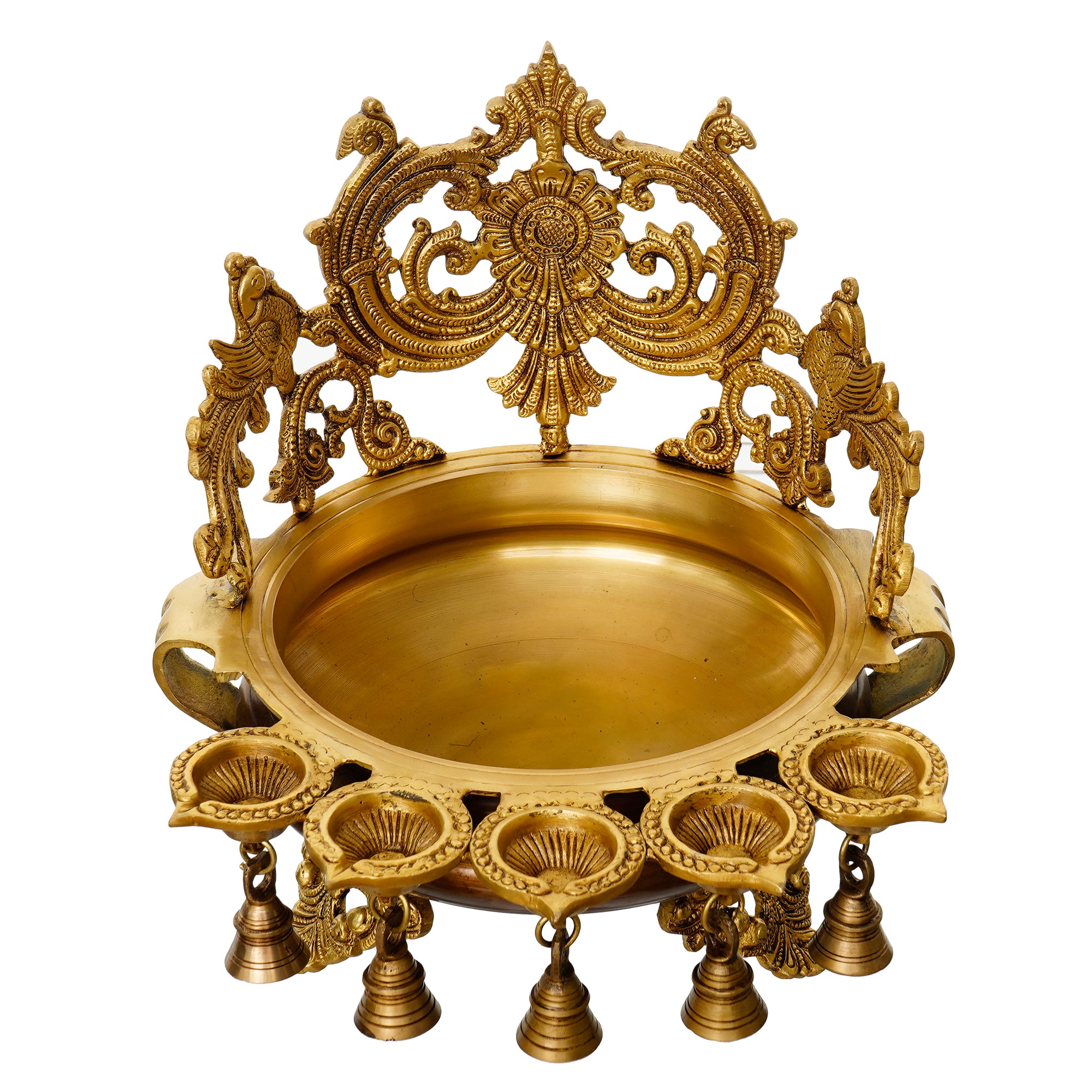 Premium Golden Decorative Handcrafted Ethnic Brass Urli bowl With Bells and 5 Diya's 2