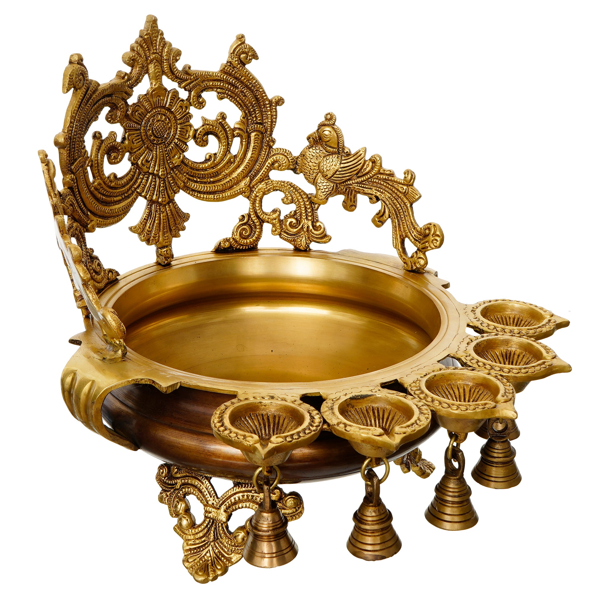 Premium Golden Decorative Handcrafted Ethnic Brass Urli bowl With Bells and 5 Diya's 4