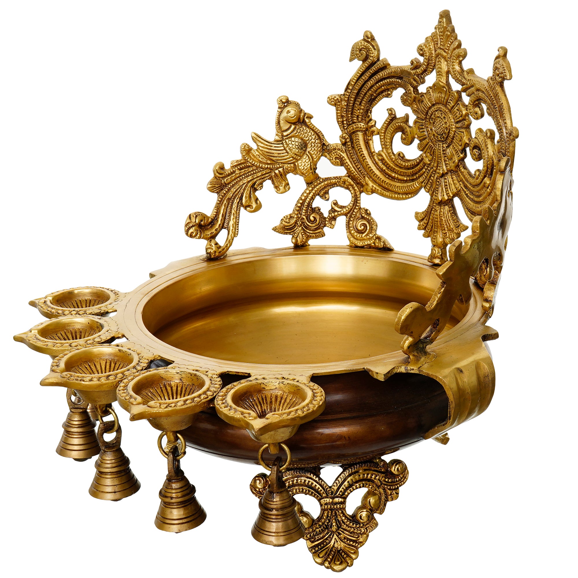 Premium Golden Decorative Handcrafted Ethnic Brass Urli bowl With Bells and 5 Diya's 5