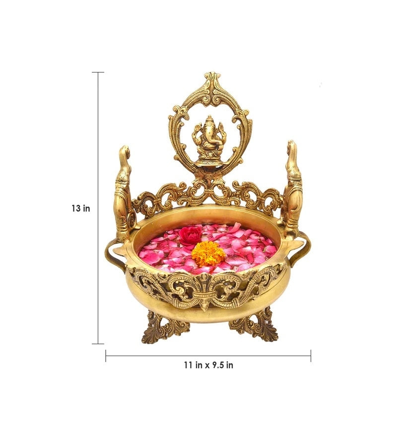 Golden Brass Lord Ganesha Design Elephant Urli 2