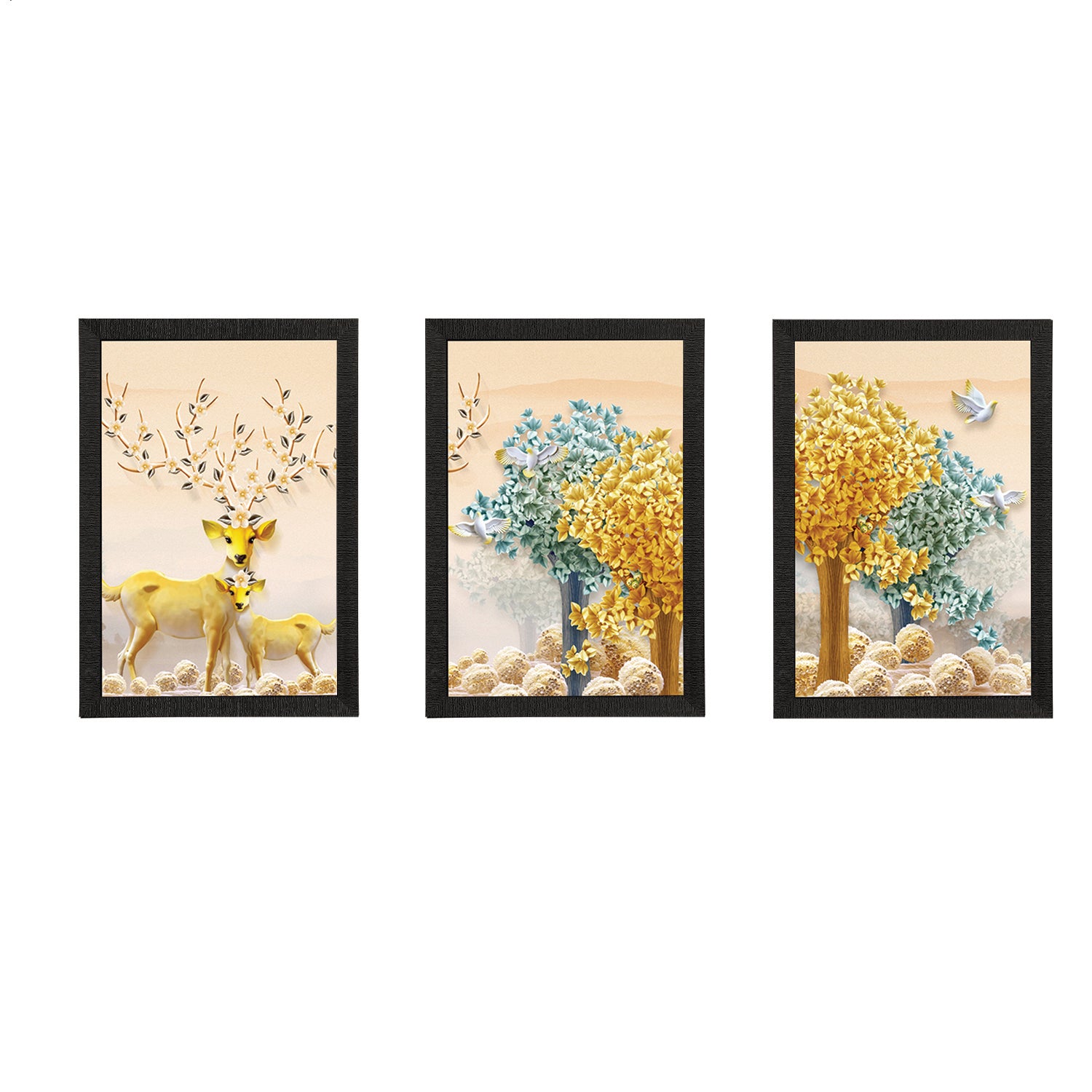 Set Of 3 Colorful Trees and Deer Satin Matt Texture UV Art Painting