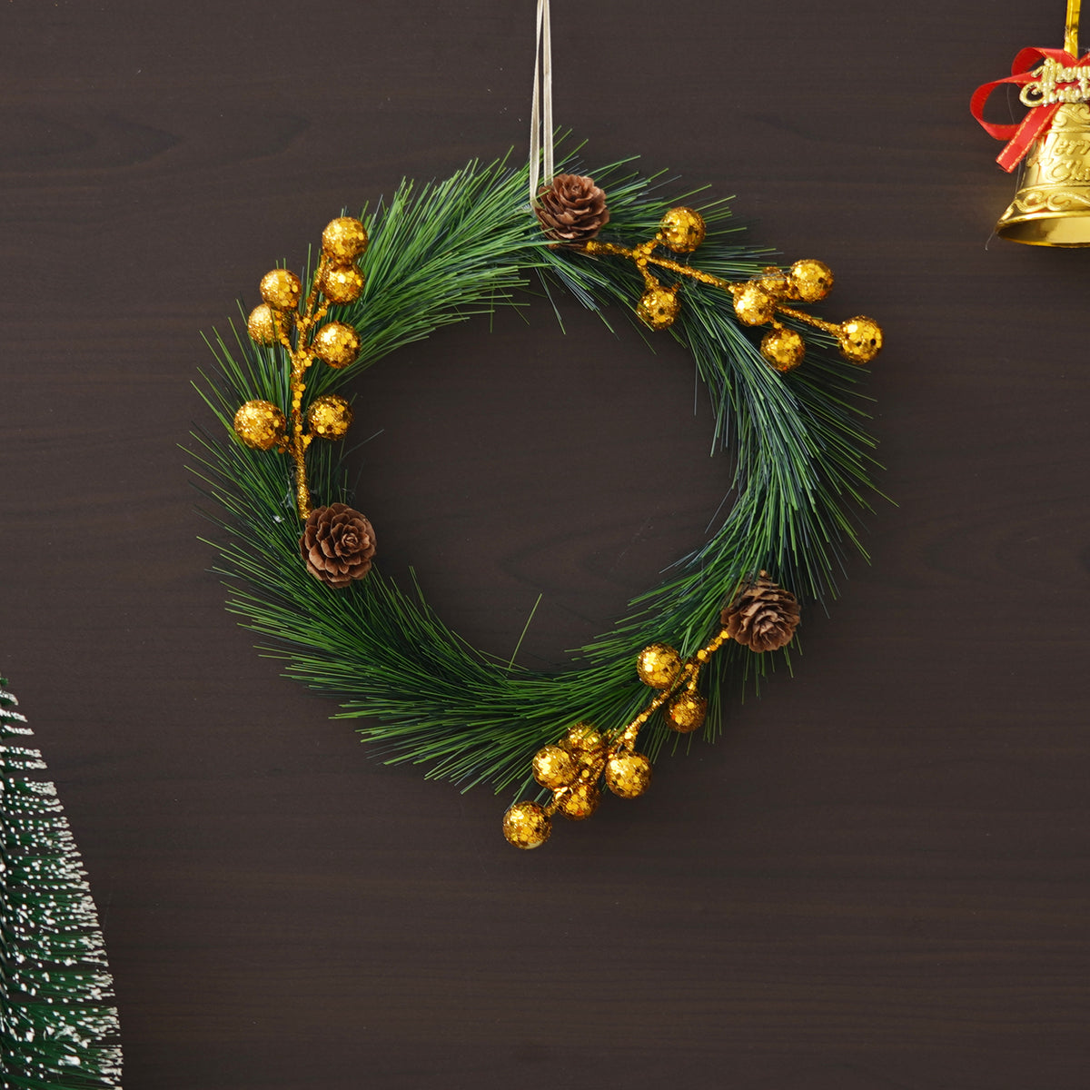 eCraftIndia Green Christmas Wreath with Gold Balls and Flowers Decorat