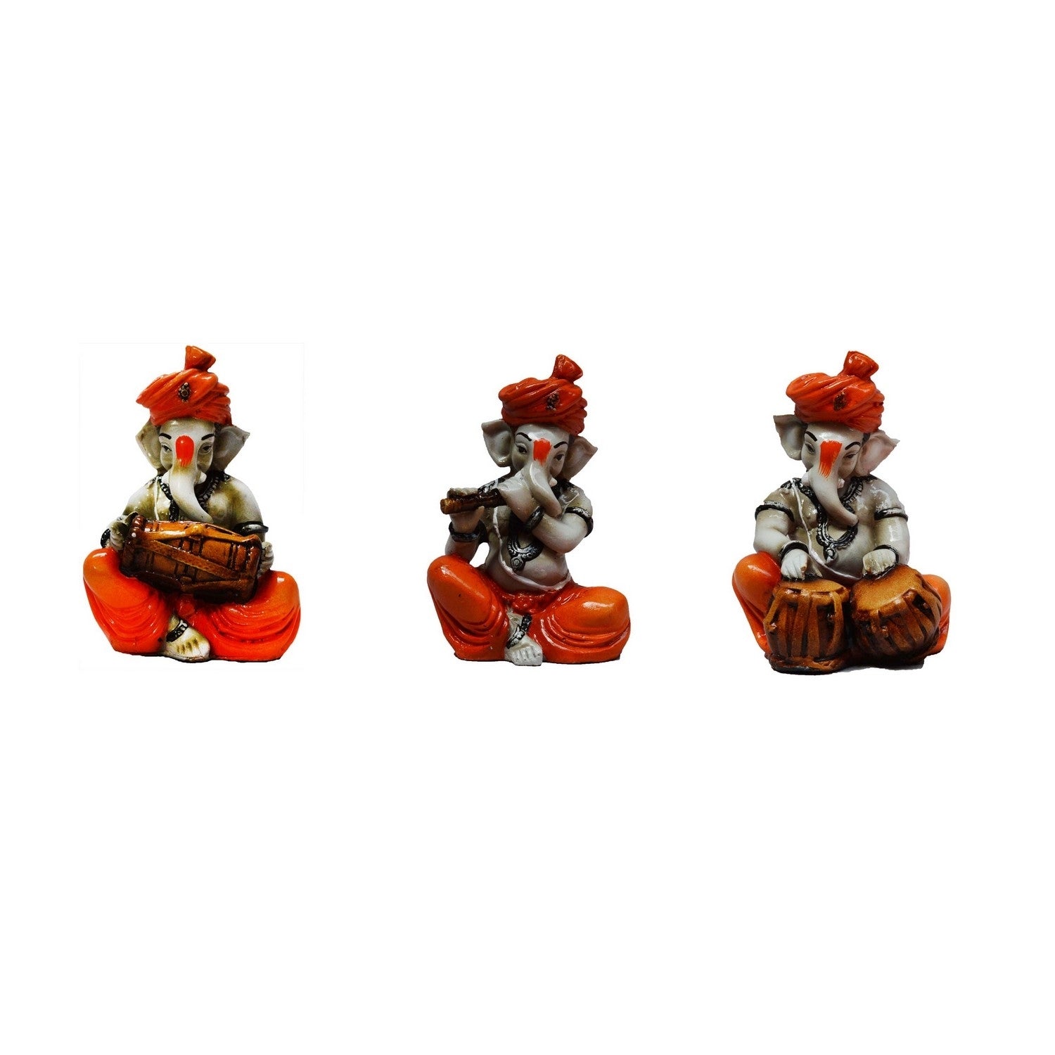 Orange Set of 3 Polyresin Ganesha Idol Playing Tabla, Flute and Dholak 1