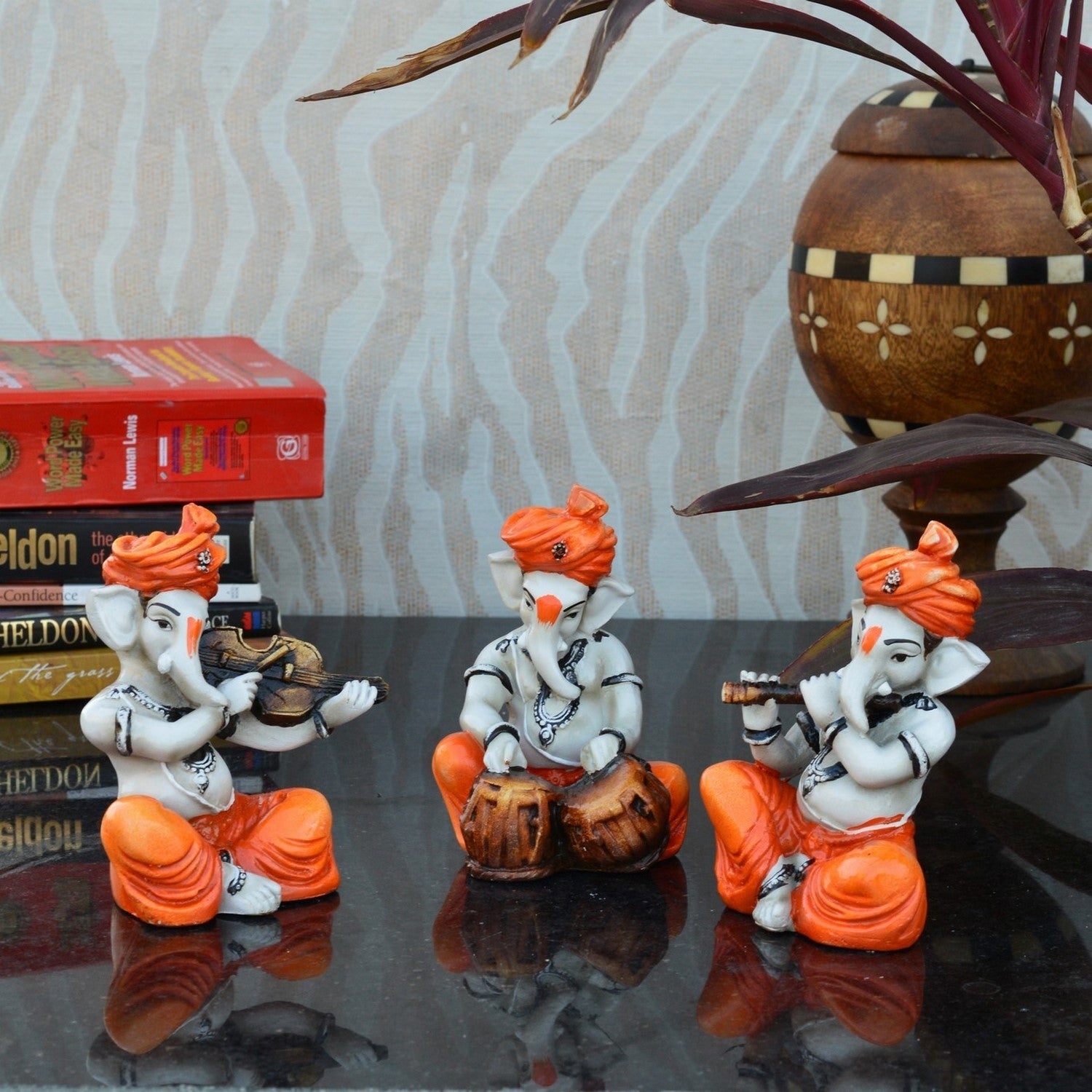 Orange Set of 3 Ganesha Idols Playing Violin, Tabla and Flute Musical Instruments 2