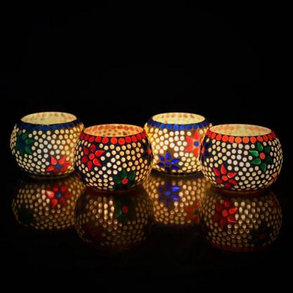 Set of 4 Mosaic Glass Decorative tea light candle holder( Blue and Red )