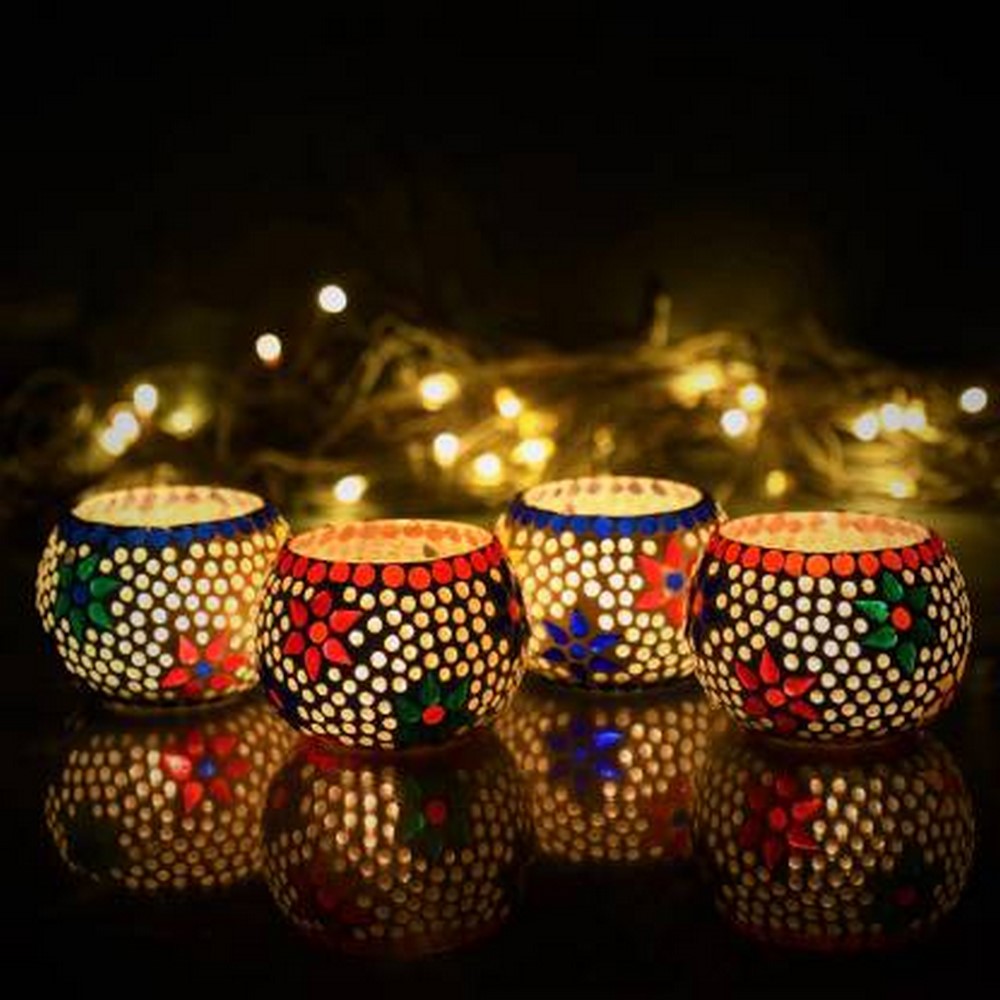 Set of 4 Mosaic Glass Decorative tea light candle holder( Blue and Red ) 1