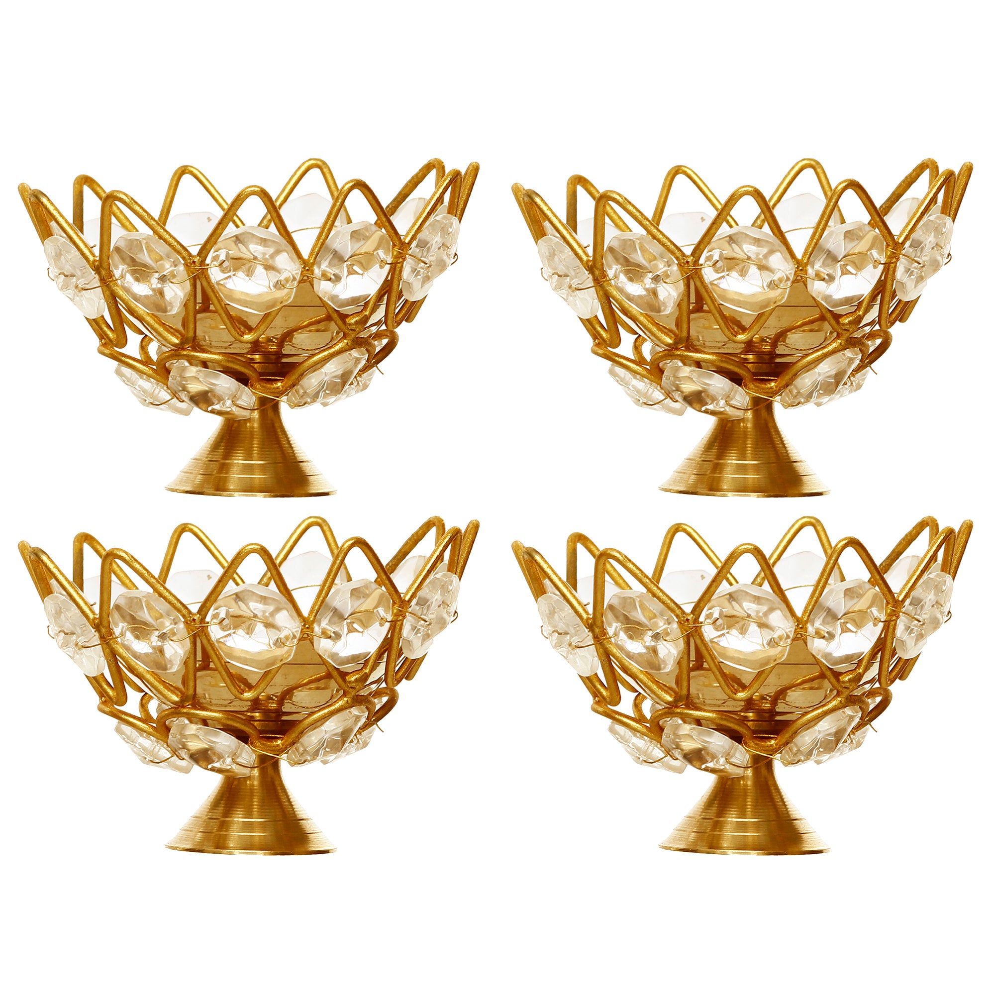 White and Gold Set of 4 Lotus Shape Crystal tea light holder 4