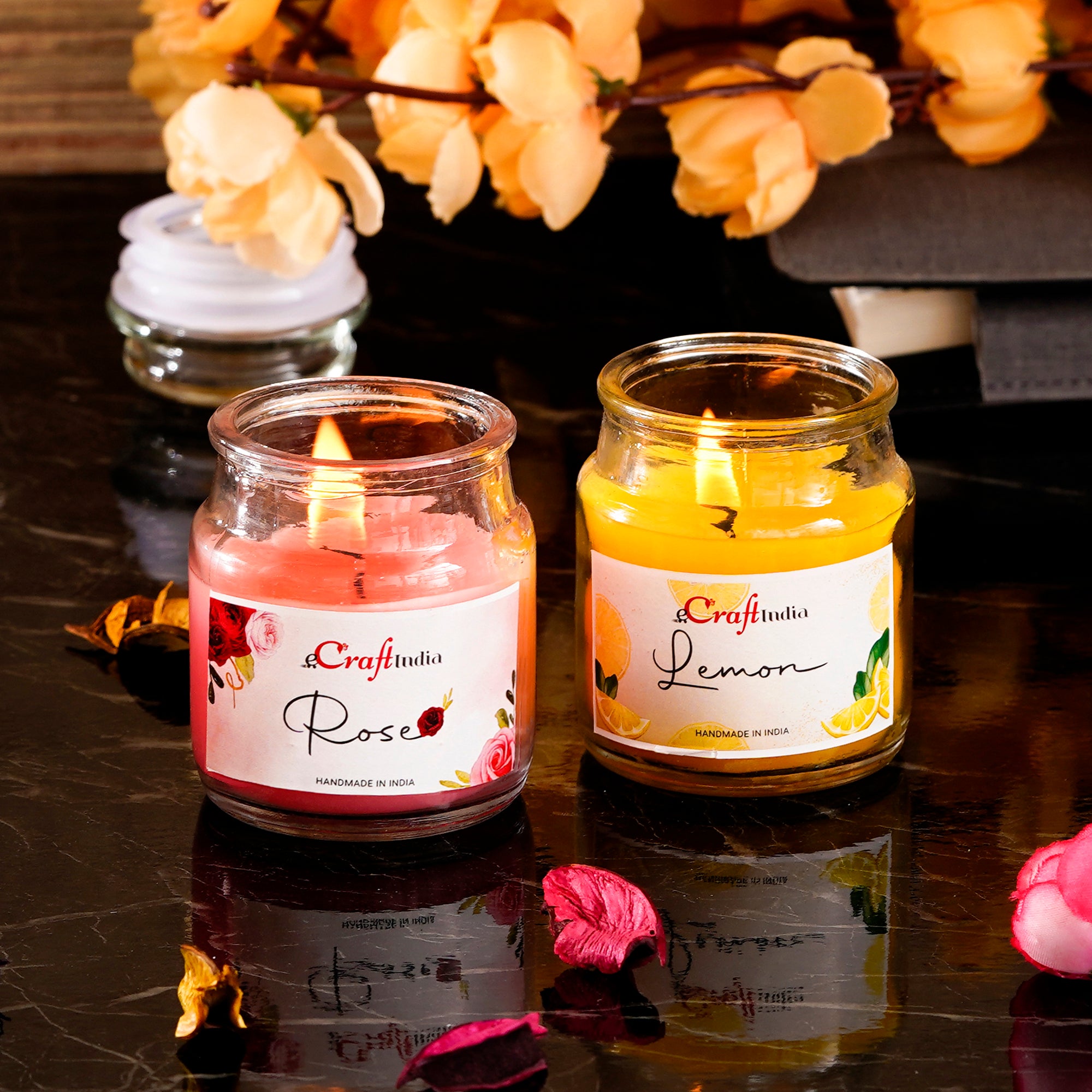 Set of 2 Lemon and Rose Scented Jar Candle