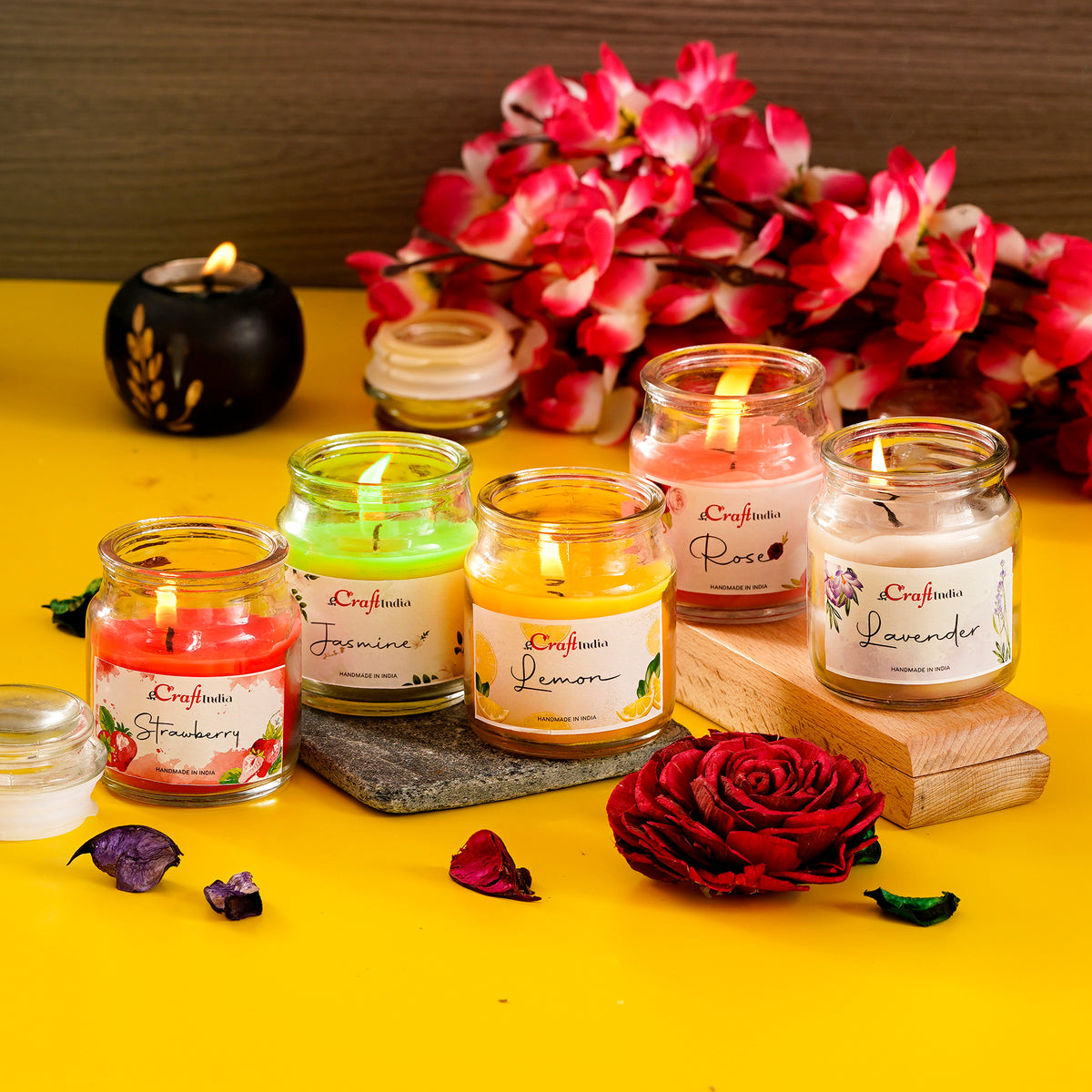 Set of 5 Lavender, Lemon, Rose, Jasmine & Strawberry Scented Jar Candle ...