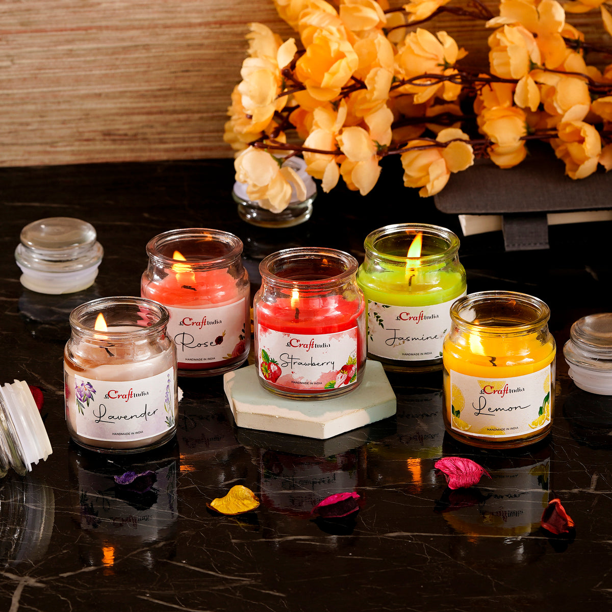 Set of 5 Lavender, Lemon, Rose, Jasmine & Strawberry Scented Jar Candle ...
