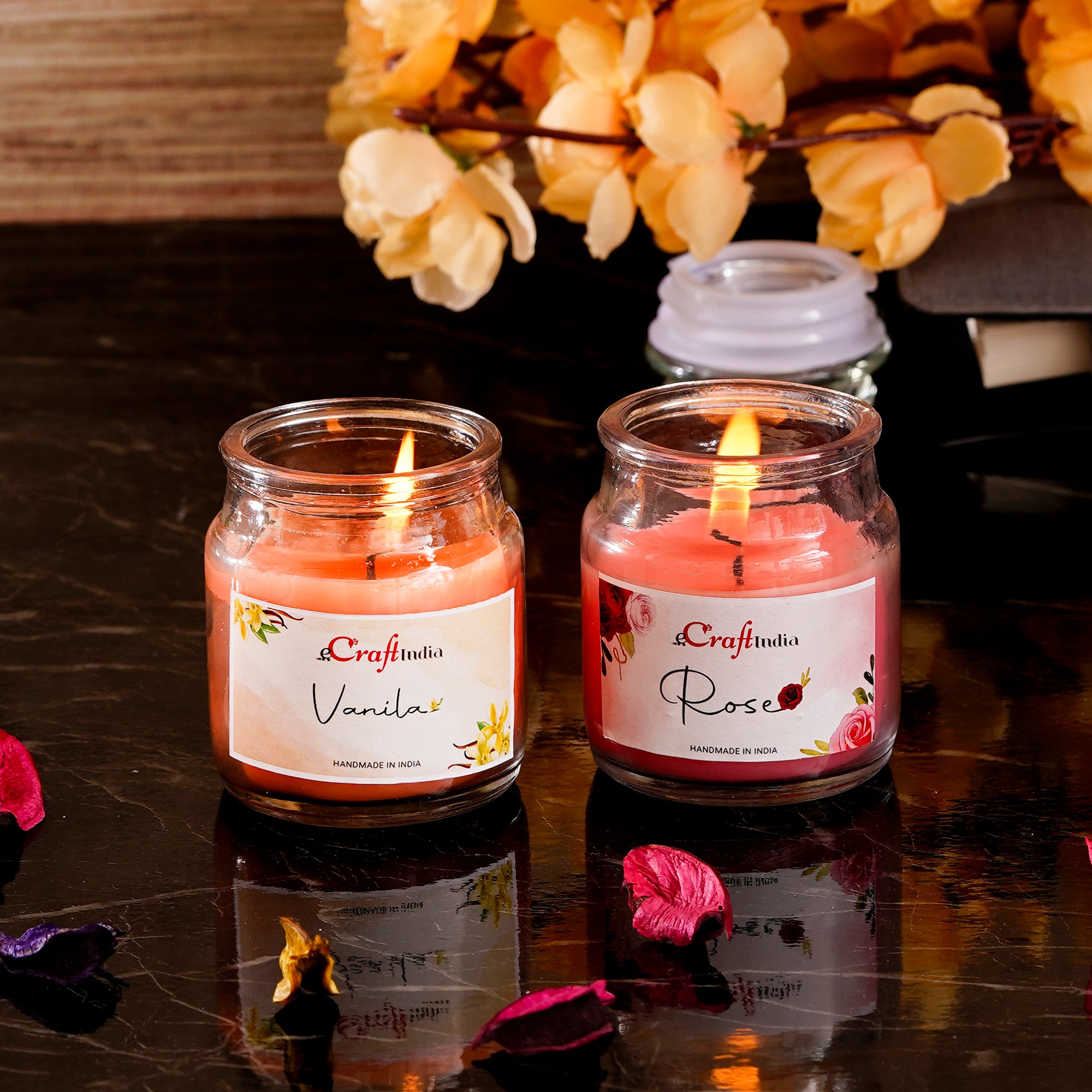 Set of 2 Rose and Vanilla Scented Jar Candles