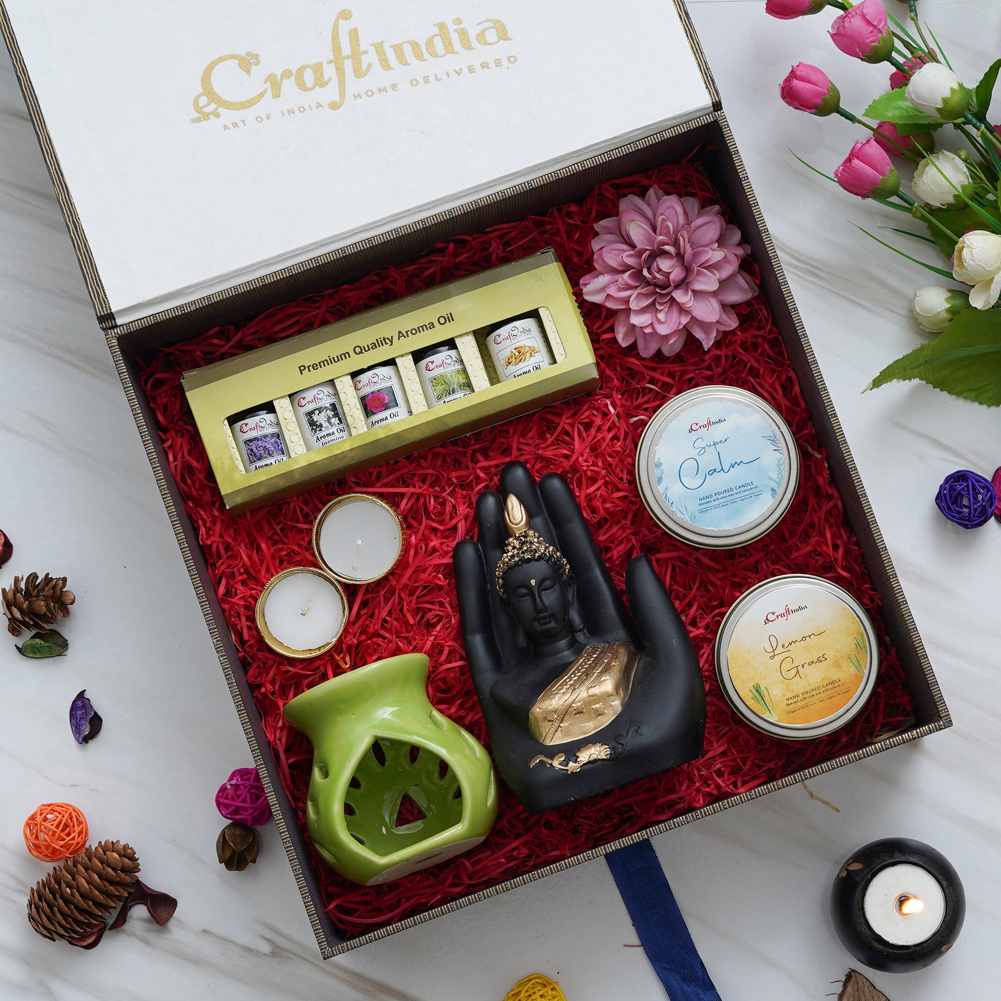 eCraftIndia The Thoughtful Gift Box - Black and Golden Handcrafted Palm Buddha Statue, Set of 5 Lavender, Jasmine, Rose, Lemon Grass, Sandalwood Aroma Oils, Aroma Diffuser, 2 Tea Light Candle Holders, Super Calm, Lemon Grass Hand Poured Soya Wax Candles