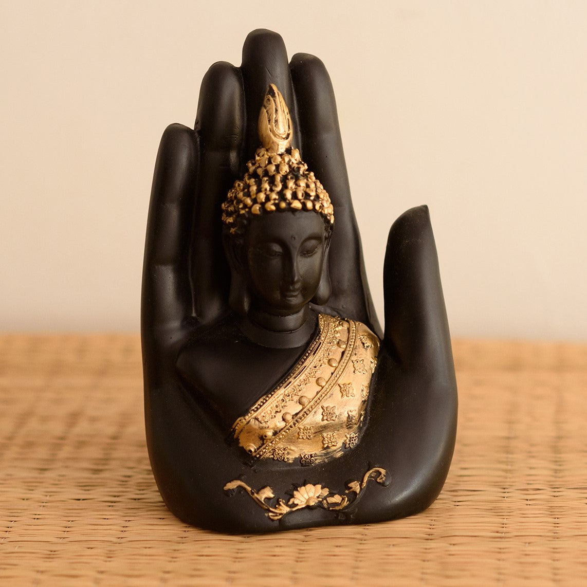 eCraftIndia The Thoughtful Gift Box - Black and Golden Handcrafted Palm Buddha Statue, Set of 5 Lavender, Jasmine, Rose, Lemon Grass, Sandalwood Aroma Oils, Aroma Diffuser, 2 Tea Light Candle Holders, Super Calm, Lemon Grass Hand Poured Soya Wax Candles 5