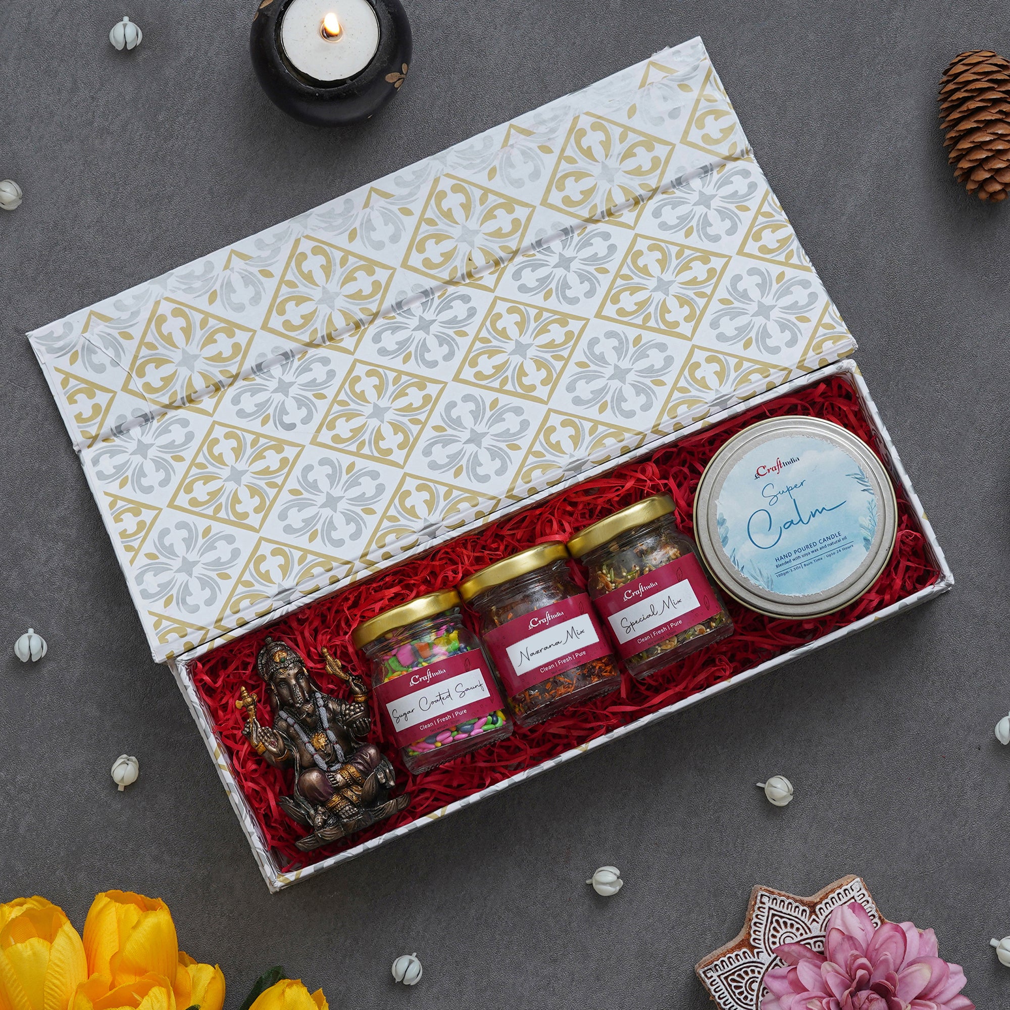 eCraftIndia The Marvellous Gift Box - Polyresin Chaturbhuj Lord Ganesha Idol, 3 Jars of Sugar Coated Saunf, Nazarana Mix, Special Mix Mukhwas (30gms Each), Super Calm Hand Poured Soya Wax Candle