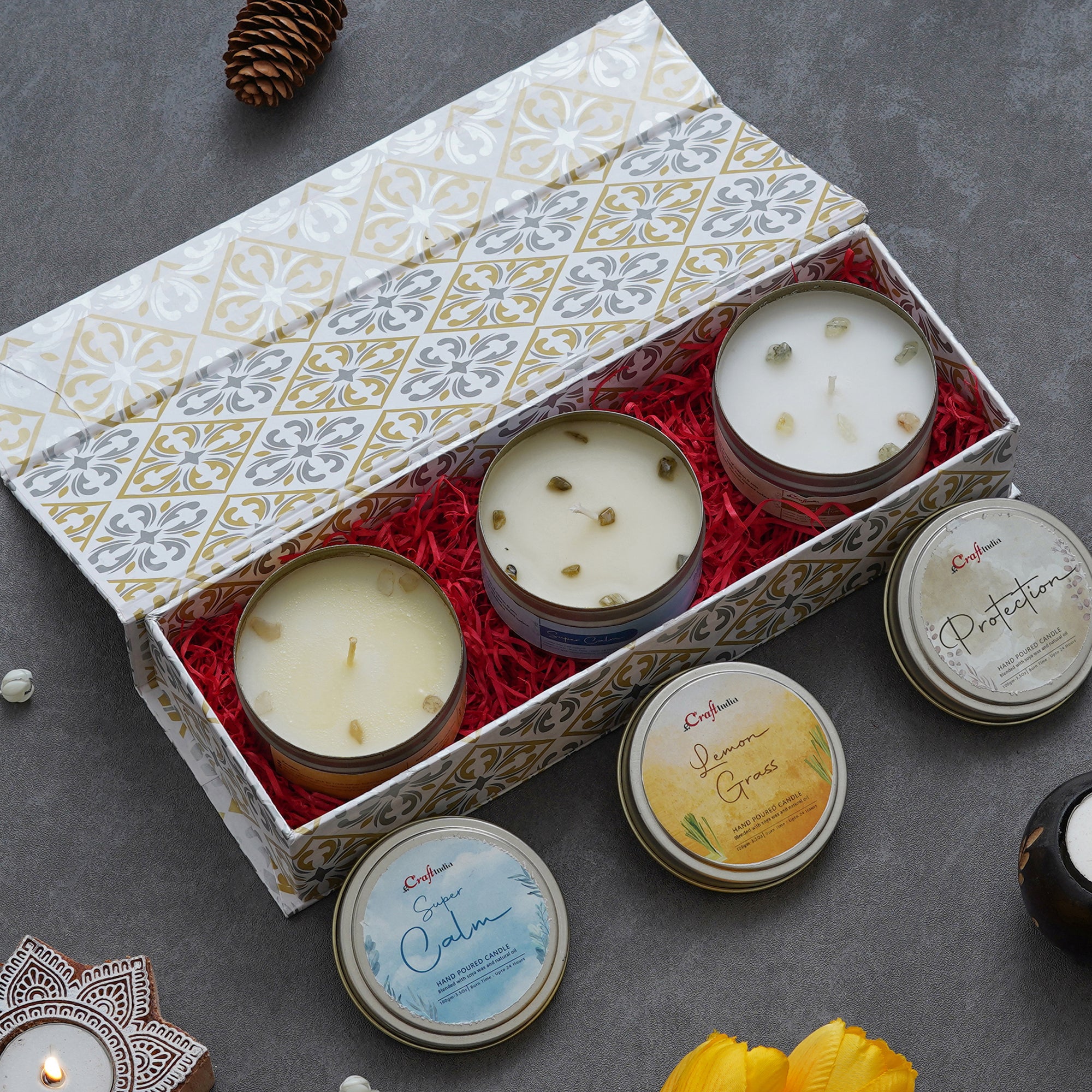 eCraftIndia The Scented Gift Box - Set of 3 Jars Super Calm, Lemon Grass, Protection Hand Poured Soya Wax Candles