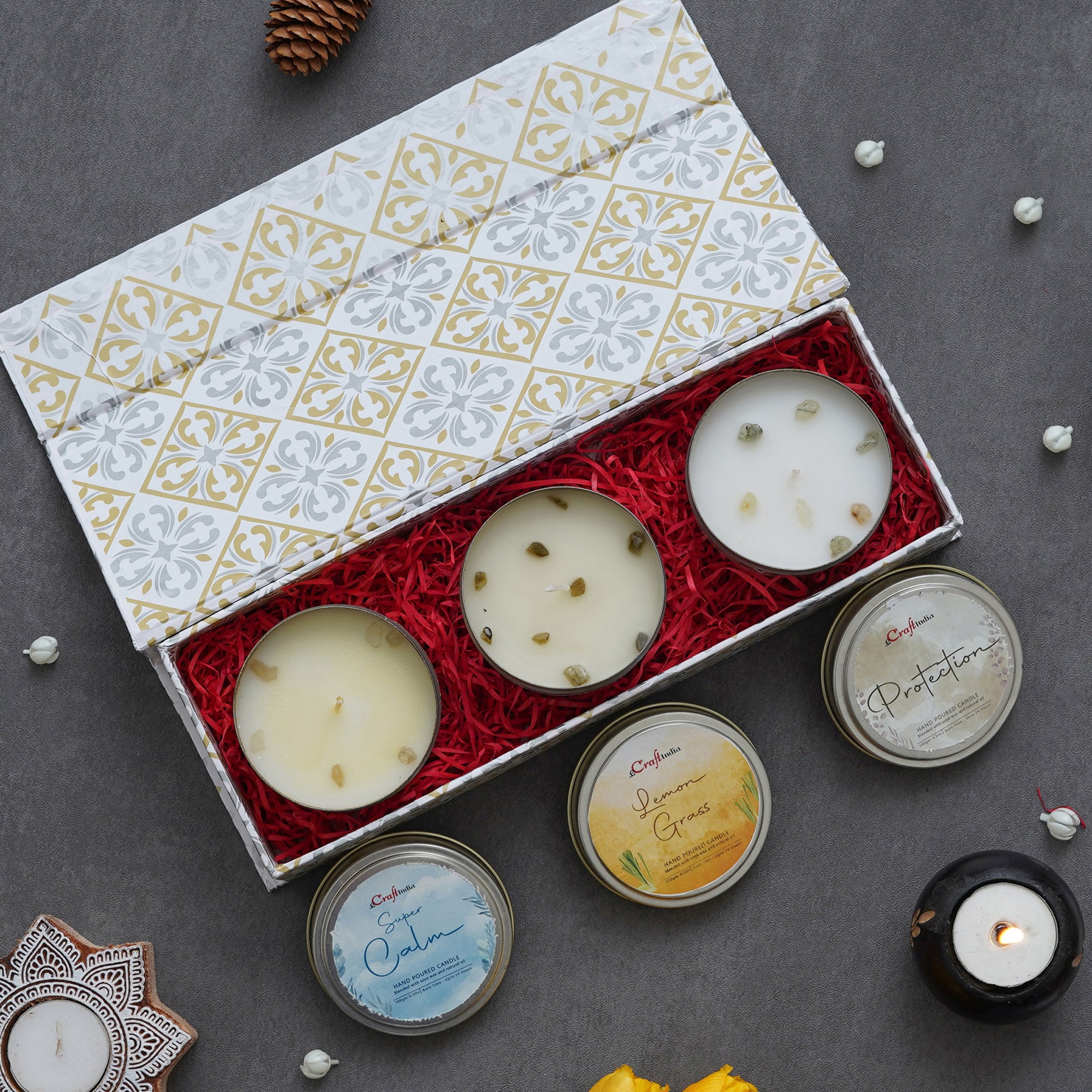 eCraftIndia The Scented Gift Box - Set of 3 Jars Super Calm, Lemon Grass, Protection Hand Poured Soya Wax Candles 1