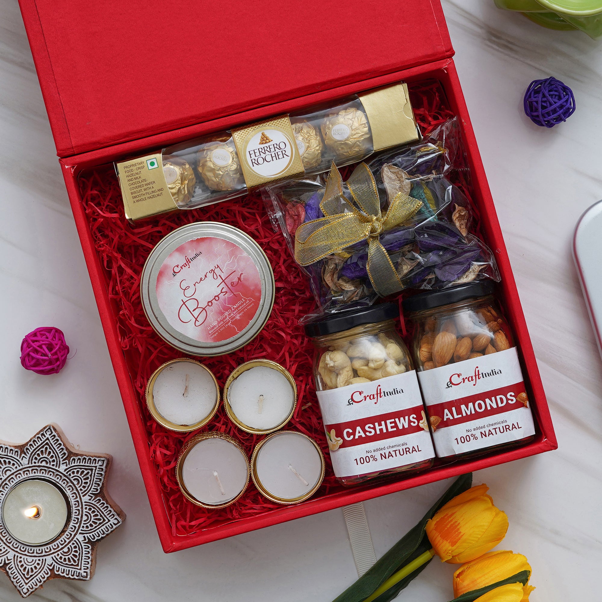 eCraftIndia A Charming Gift Box - Ferrero Rocher Chocolates (Set of 4), Set of 2 Cashews, Almonds Dry Fruits Jars (100gms Each), 4 Tea Light Candle Holders, Potpourri, Energy Booster Hand Poured Soya Wax Candle