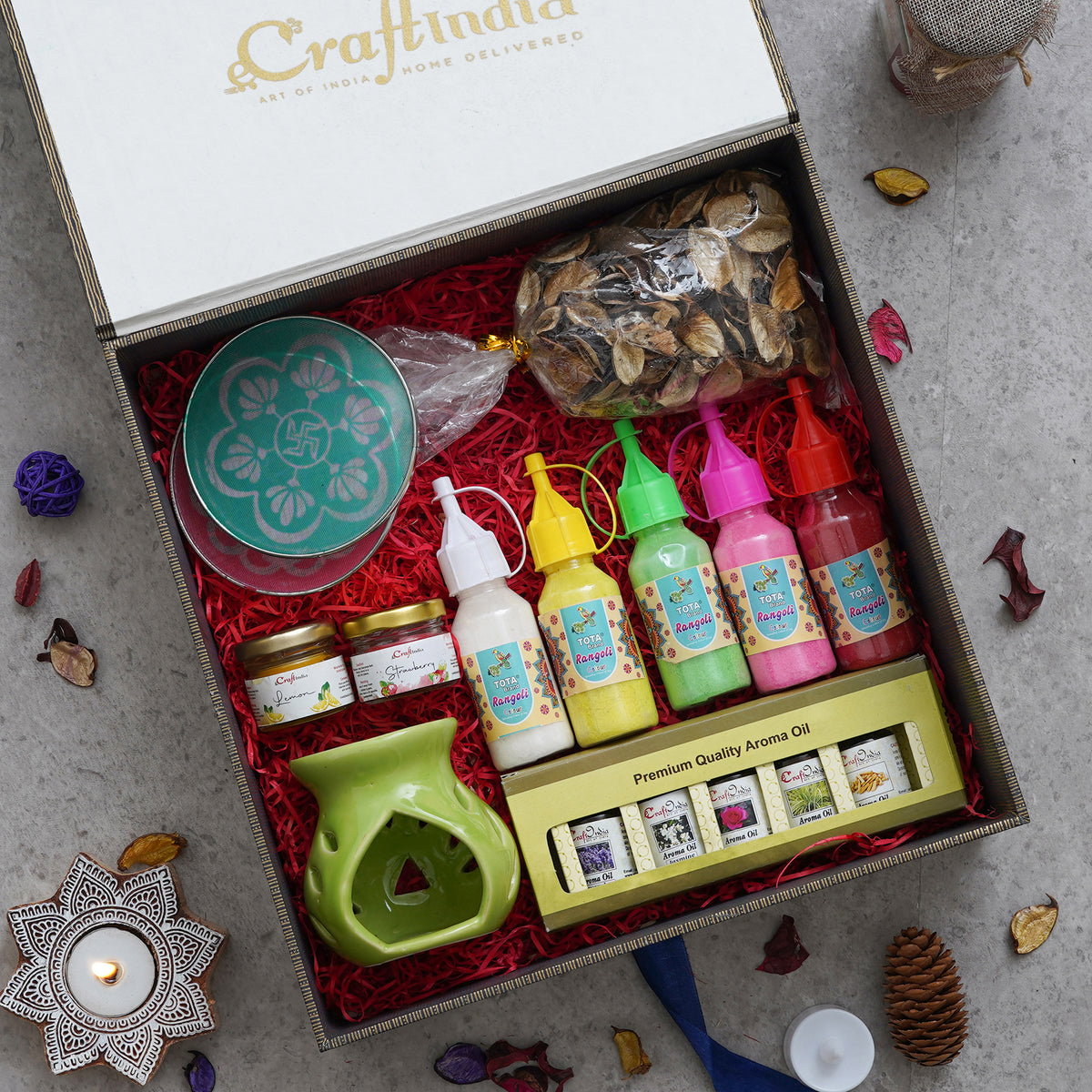 eCraftIndia The Artistic Gift Box 5 Rangoli Bottles, 2 Rangoli Stenc
