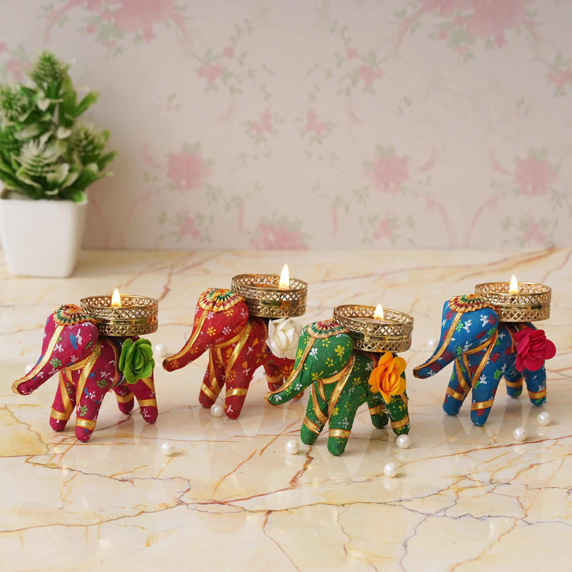 eCraftIndia Set of 4 Multicolor Elephant Shaped Tea Light Candle Holders