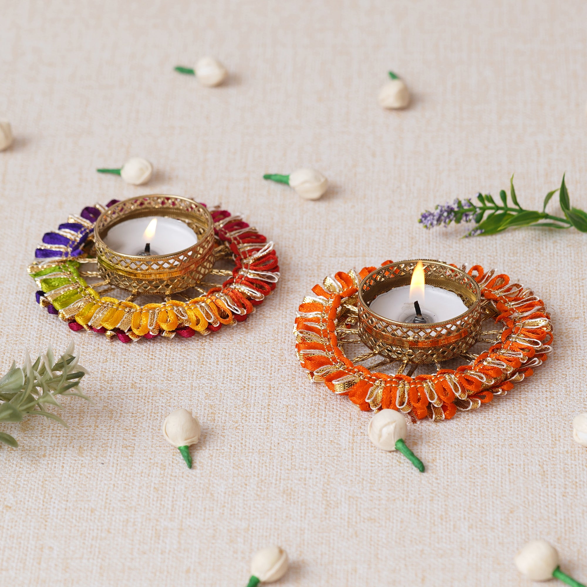eCraftIndia Set of 2 Orange and Multicolor Round Shaped Floral Decorative Tea Light Candle Holders 4