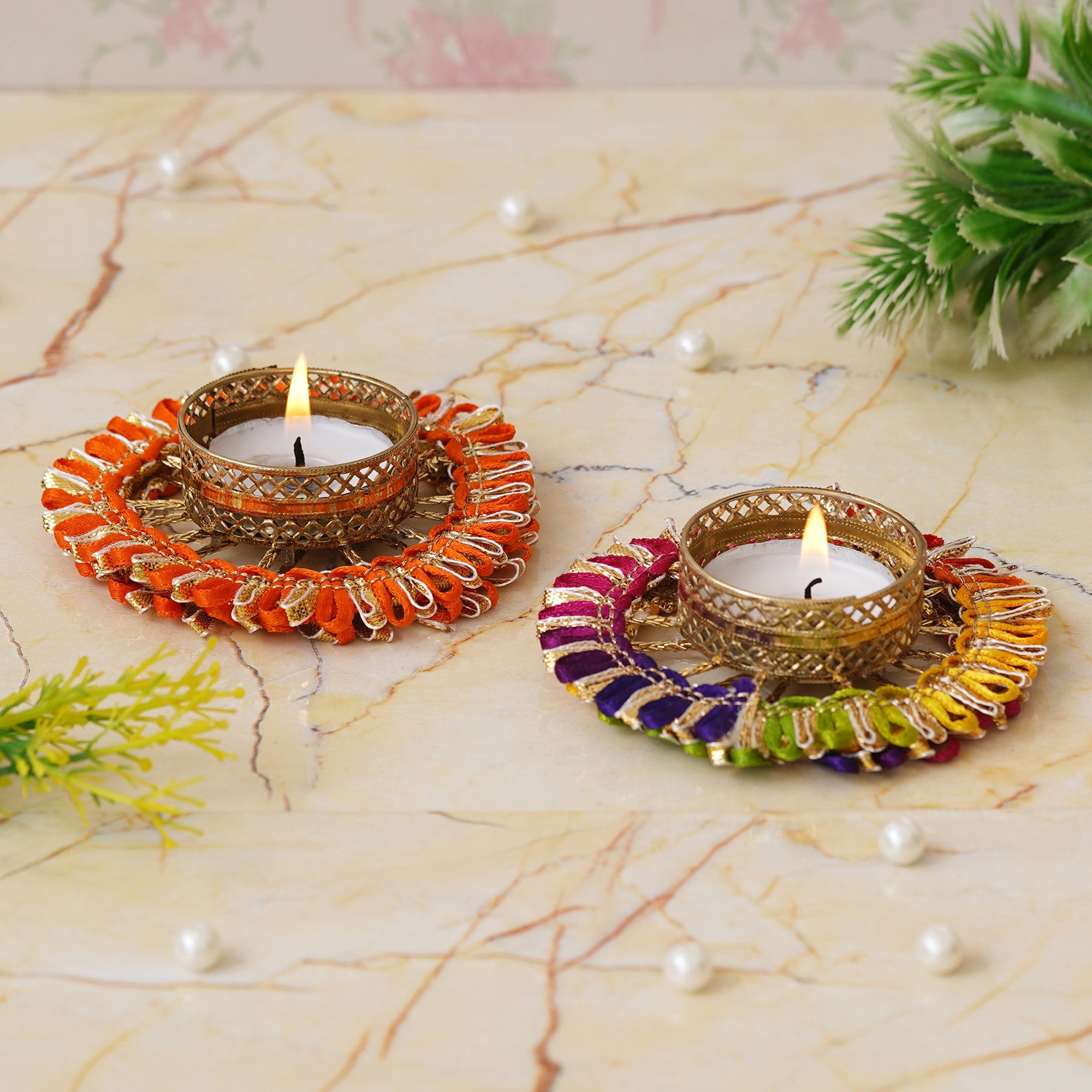 eCraftIndia Set of 2 Orange and Multicolor Round Shaped Floral Decorative Tea Light Candle Holders 5