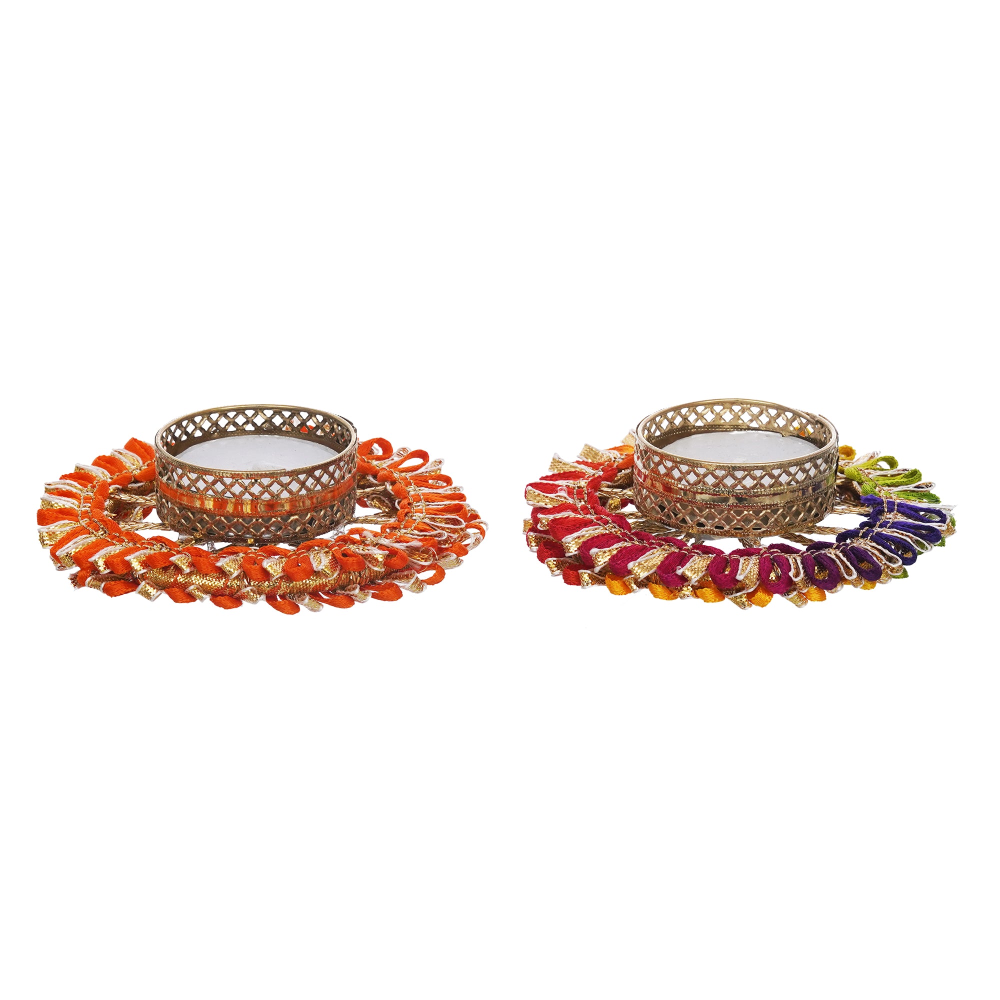 eCraftIndia Set of 2 Orange and Multicolor Round Shaped Floral Decorative Tea Light Candle Holders 6