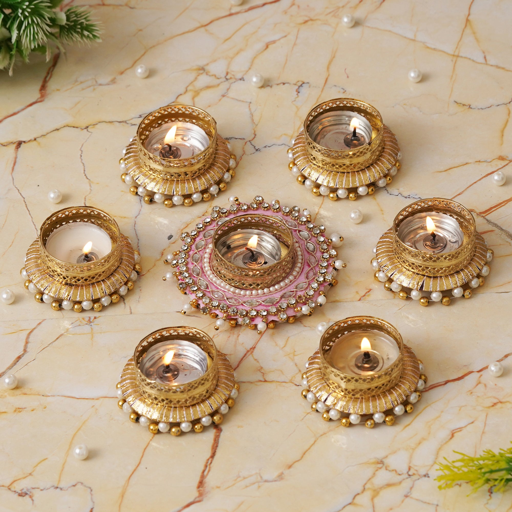 eCraftIndia Set of 7 Round Shaped Diamond Beads and Pearls Decorative Tea Light Candle Holders 1