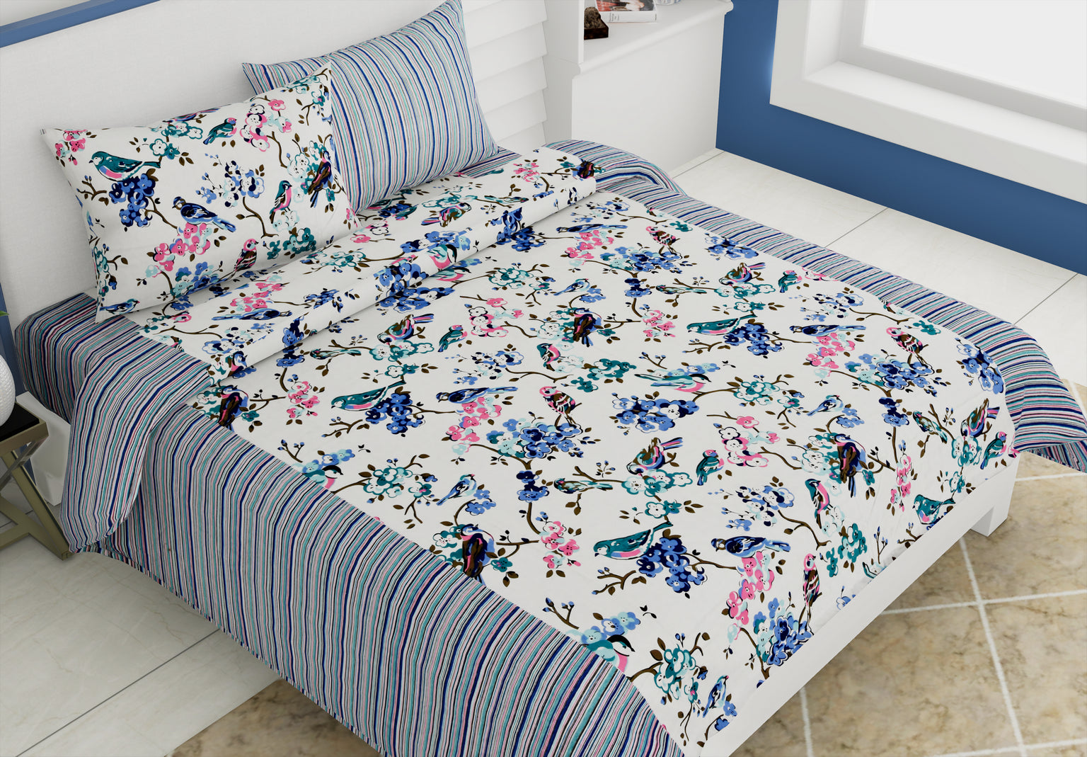 144 TC Pure Cotton Premium Floral and Bird Print Double Bed Bedsheet (90 In x 108 In) with 2 pillow cover - Blue
