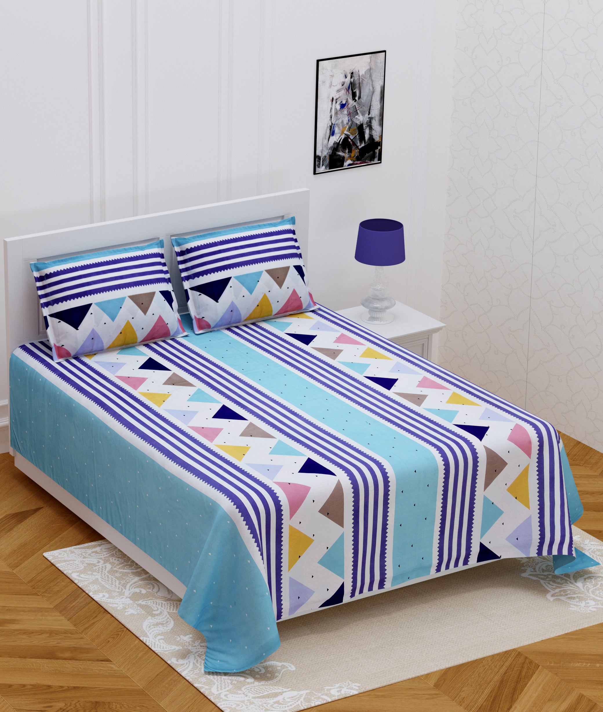 140 TC Glace Cotton Double Bed Abstract Geometric Design Bedsheet (90 In x 100 In) with 2 pillow cover