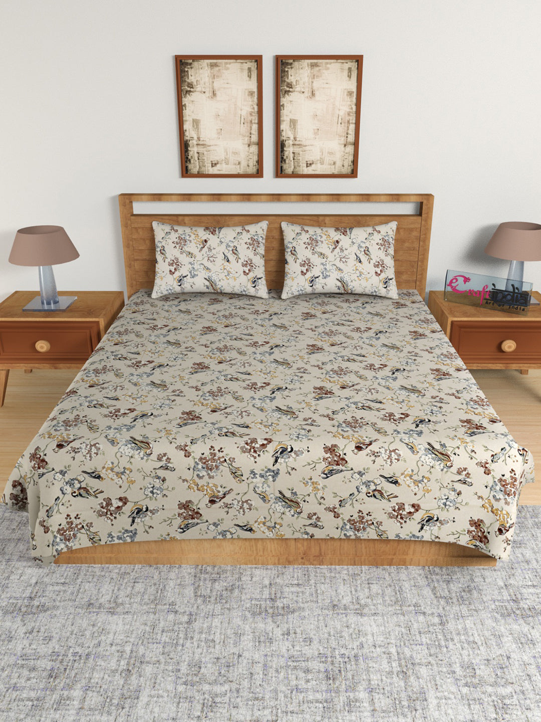 210 TC Pure Cotton Premium Double Bed King Size Birds and Floral Design Bedsheet (100 In x 108 In) with 2 pillow cover - Brown 1