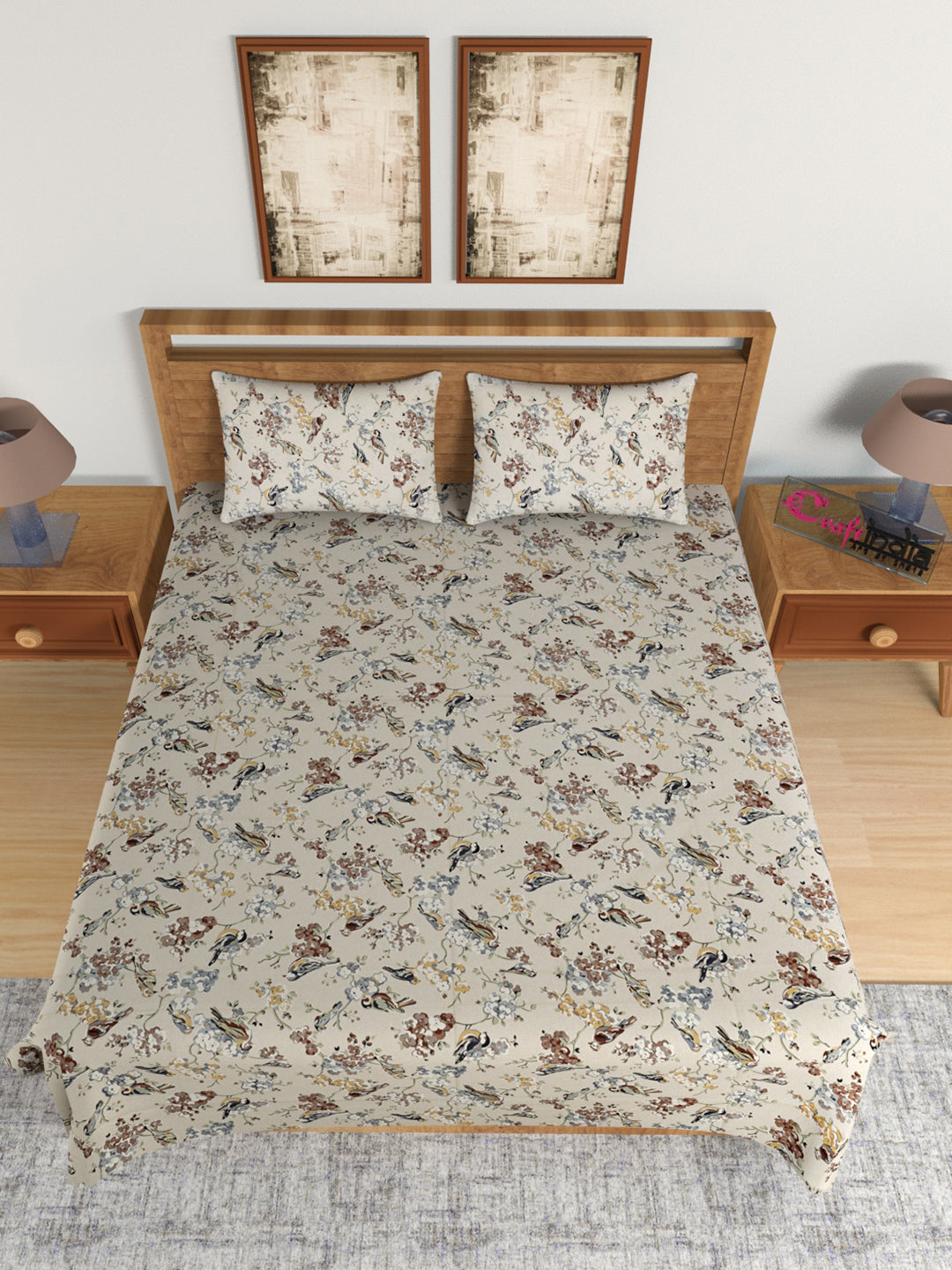 210 TC Pure Cotton Premium Double Bed King Size Birds and Floral Design Bedsheet (100 In x 108 In) with 2 pillow cover - Brown 2